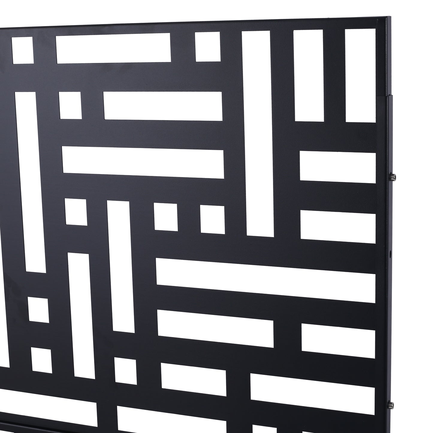 Black metal garden screen with a geometric lattice design for outdoor privacy