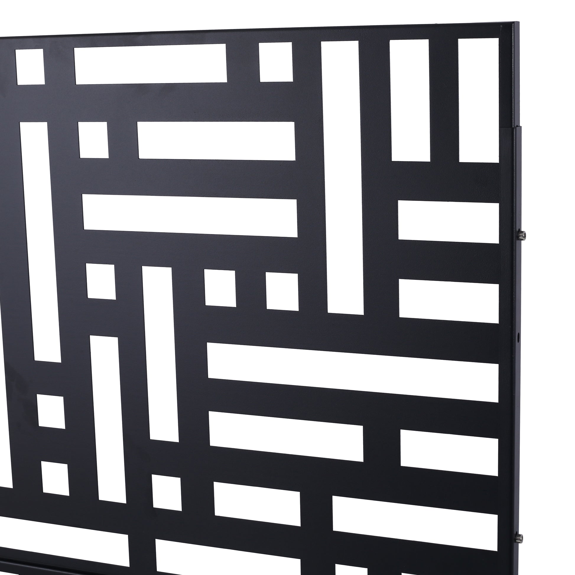Black metal garden screen with a geometric lattice design for outdoor privacy