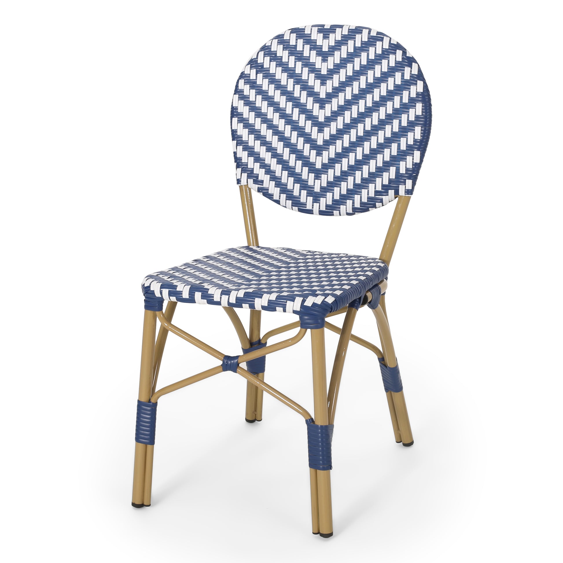 Blue and white woven rattan bistro chair with a chevron pattern