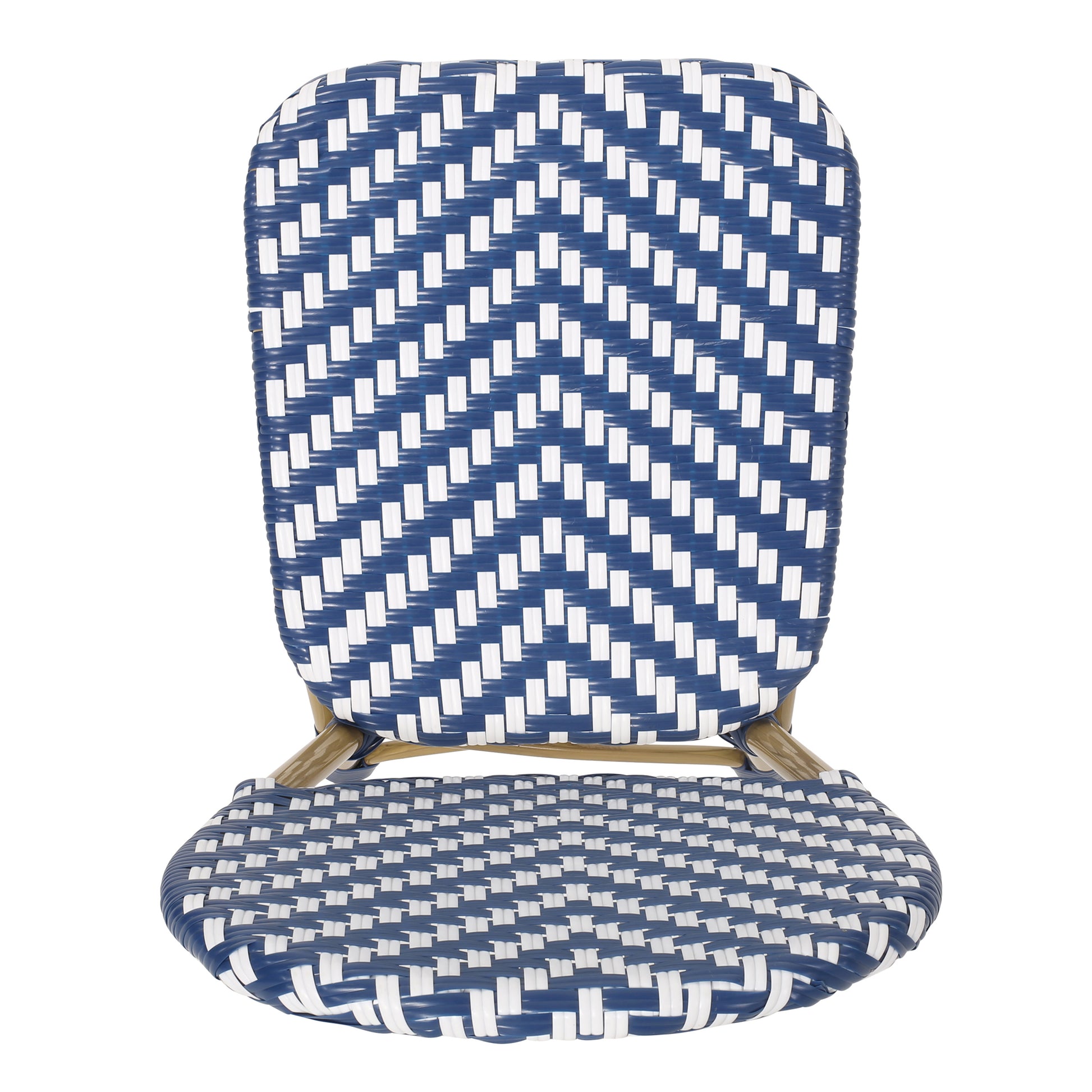 Woven bistro chair with blue and white pattern for outdoor seating