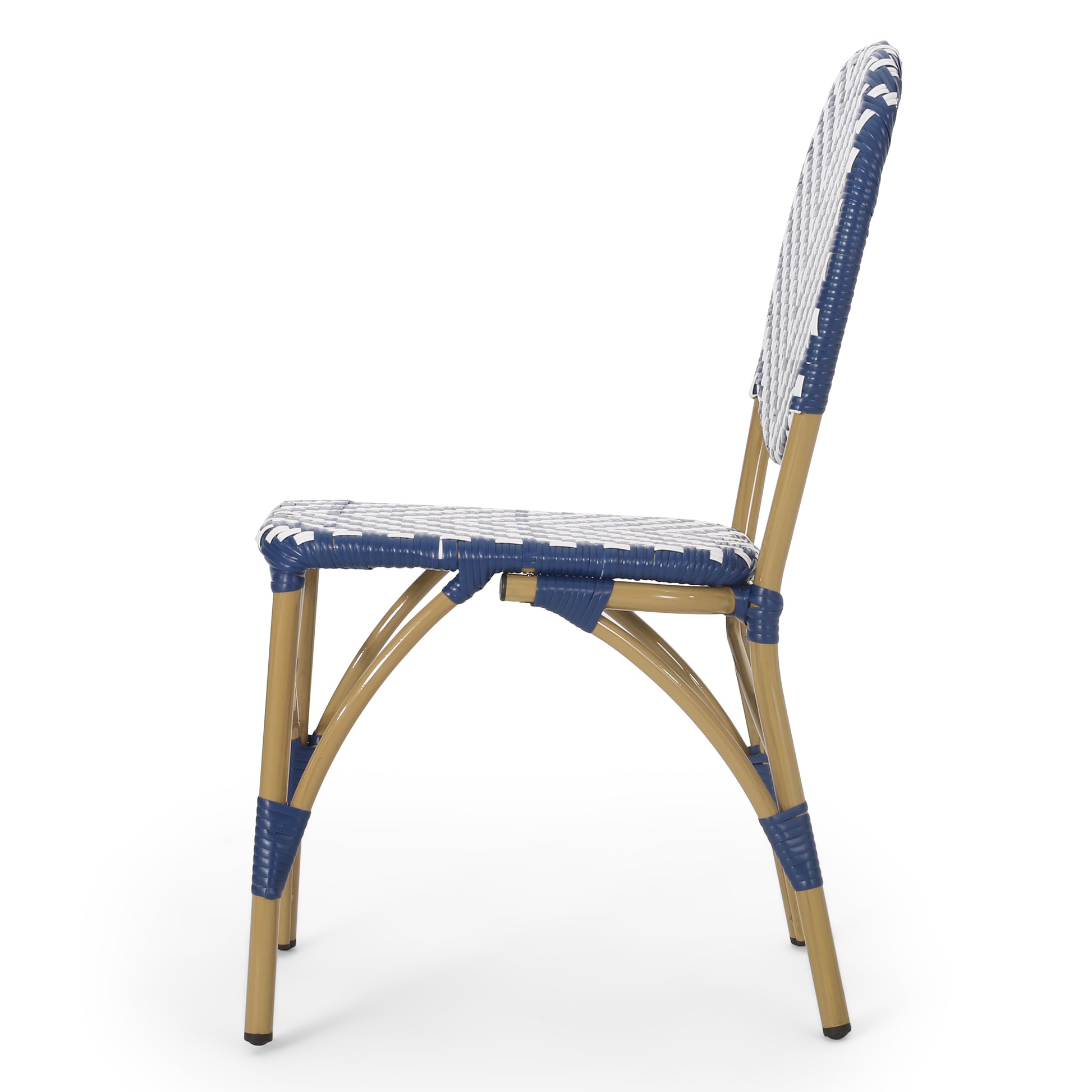 Blue and white woven bistro chair with natural wood legs
