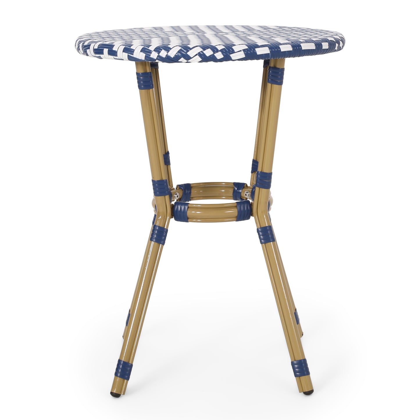 Round bistro table with blue and white woven tabletop and tan metal legs