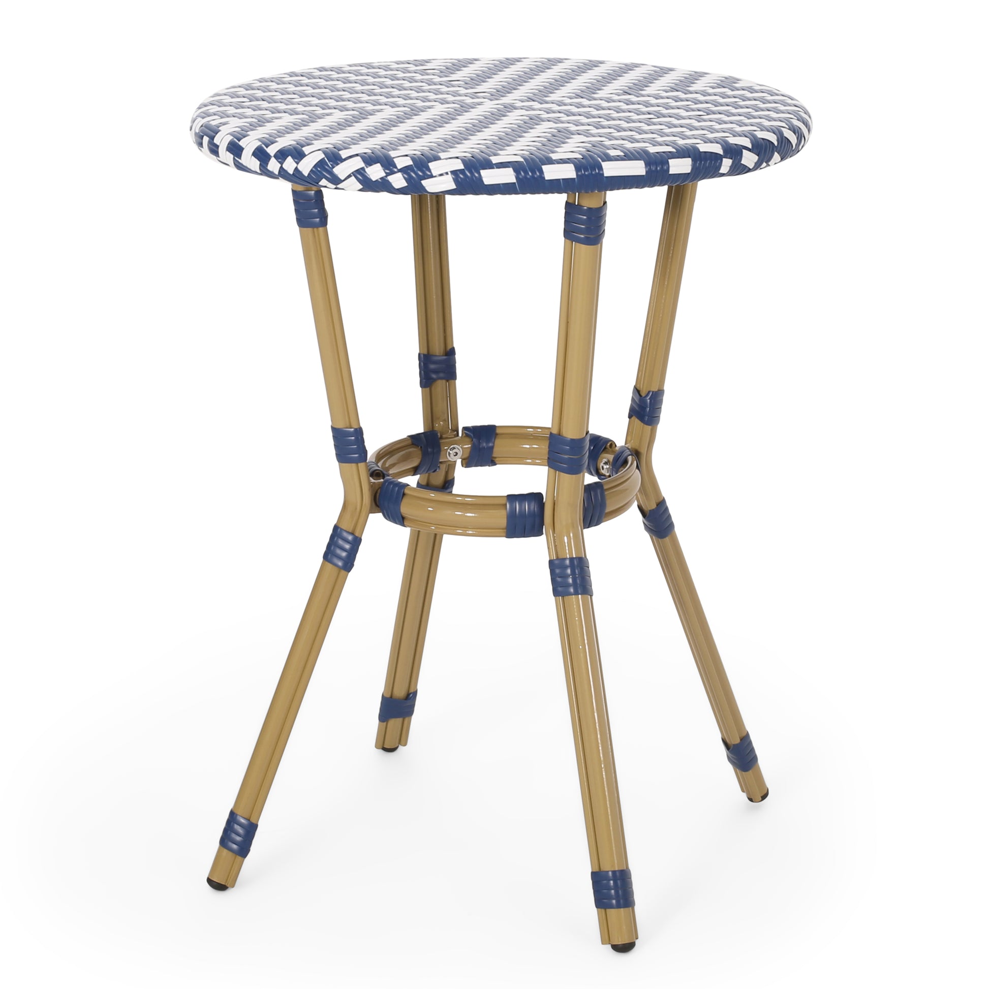 Blue and white wicker bistro table with bamboostyle legs perfect for outdoor cafes