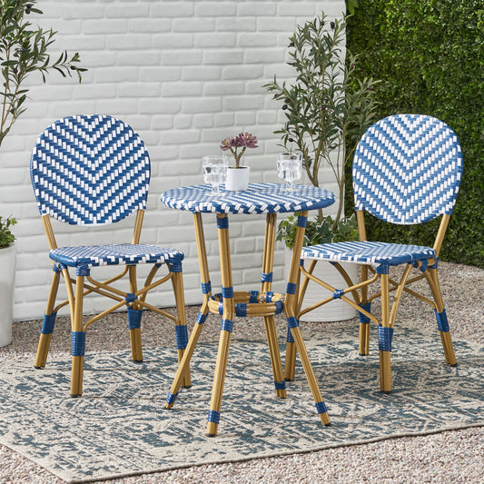Blue and white rattan bistro set with a round table and two chairs perfect for outdoor seating
