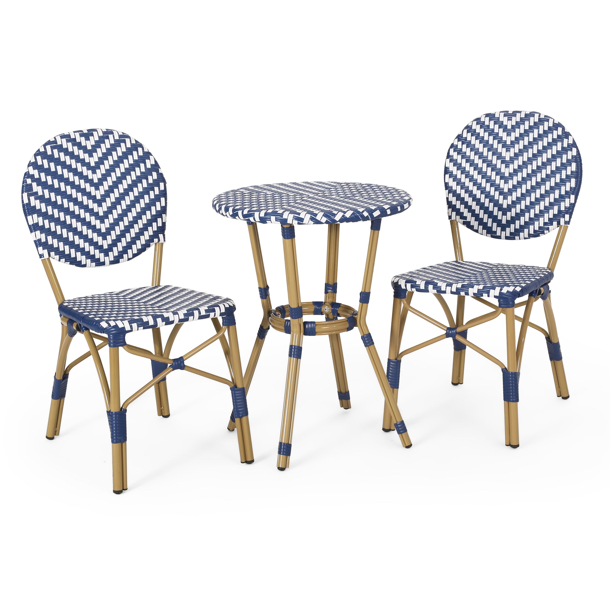 Woven bistro set with blue and white chevron pattern chairs and a matching round table with gold metal frames