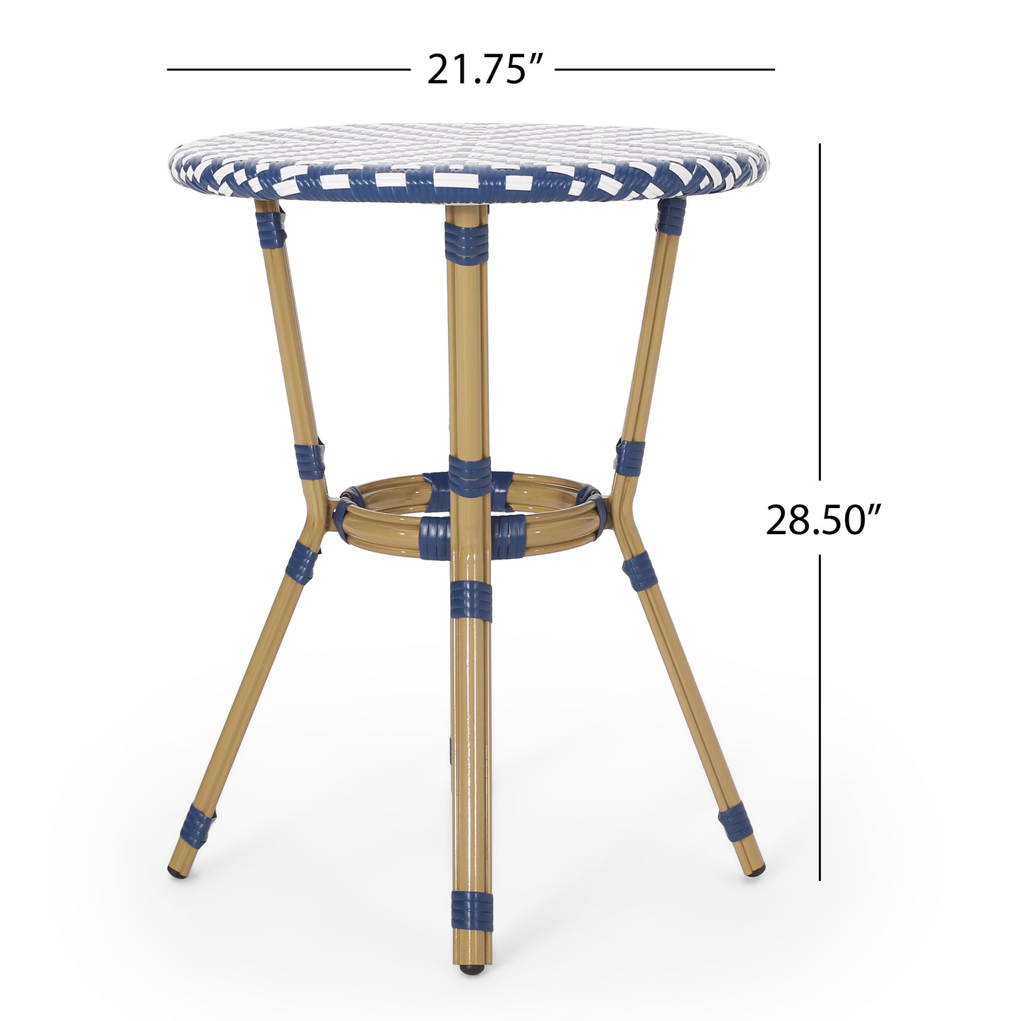 Woven blue and white bistro table with natural wood legs and blue accents