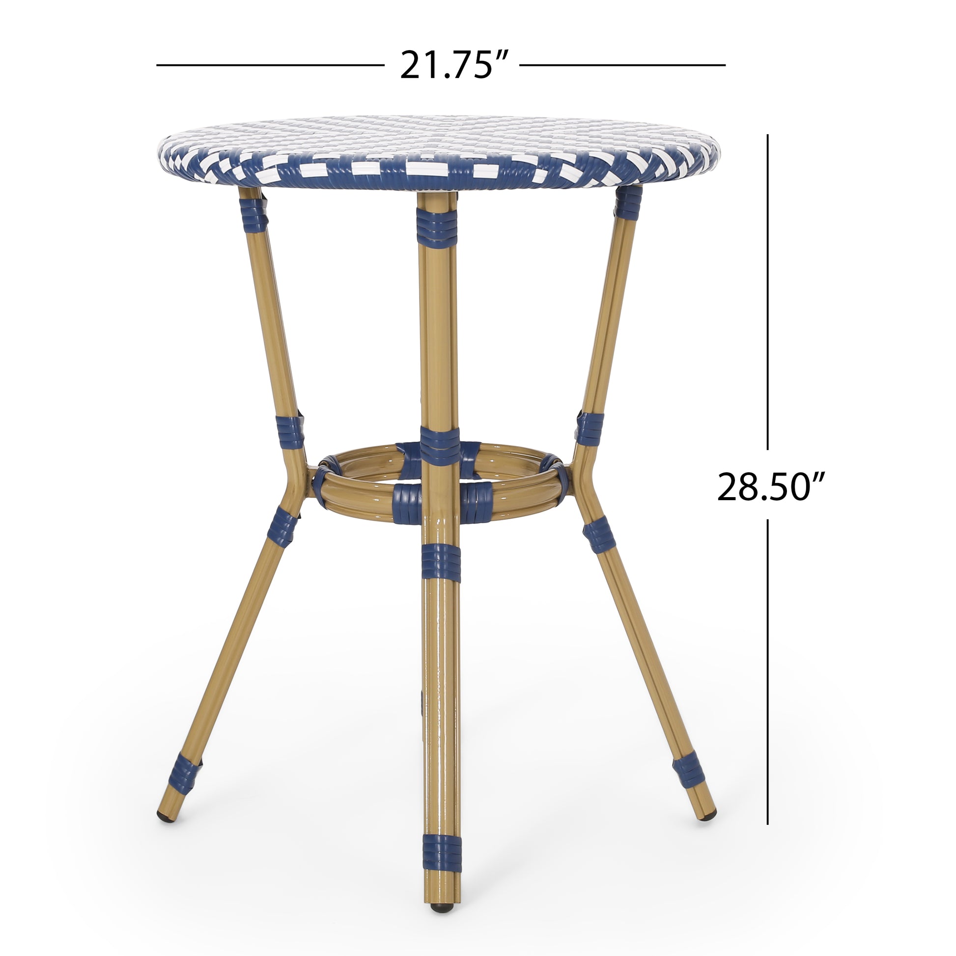 Woven blue and white bistro table with natural wood legs and blue accents