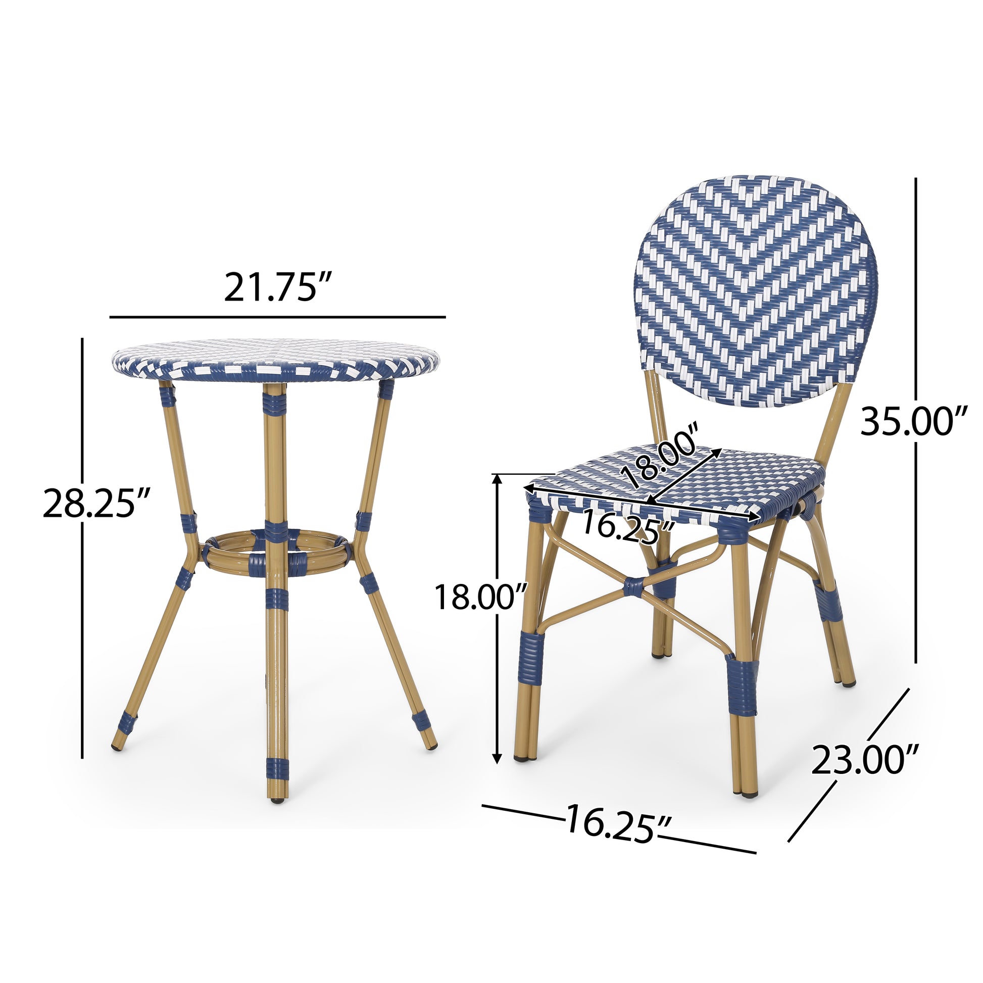Blue and white bistro chair with woven rattan seat and gold frame