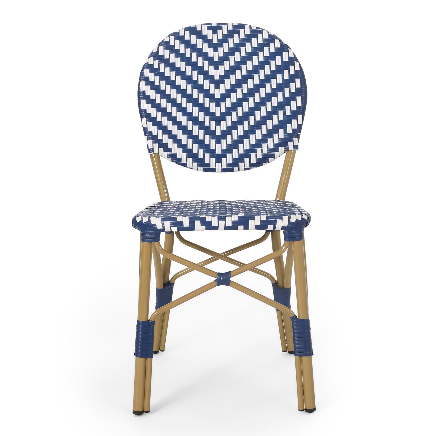 French bistro chair with blue and white woven rattan seat and back gold frame