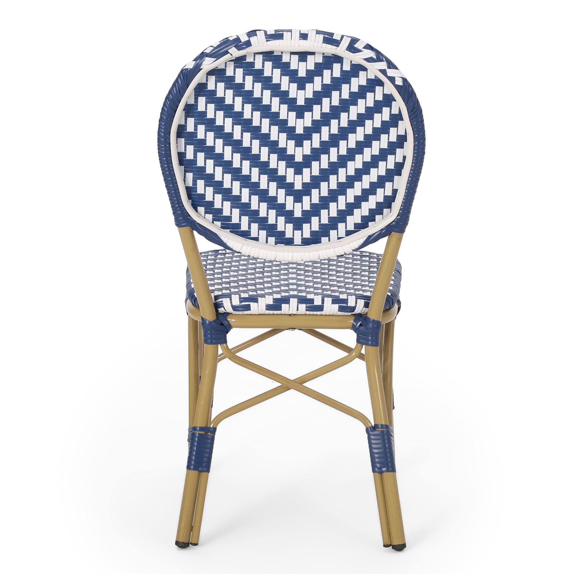 Blue and white woven bistro chair with canestyle legs perfect for cafe seating