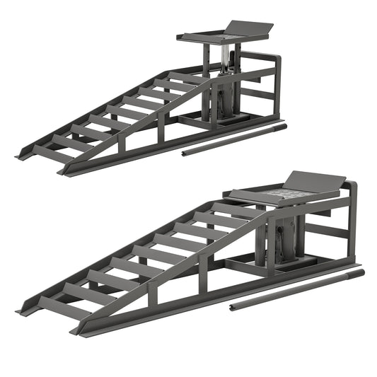 Gray hydraulic car ramp with tiered steps for lifting vehicles safely