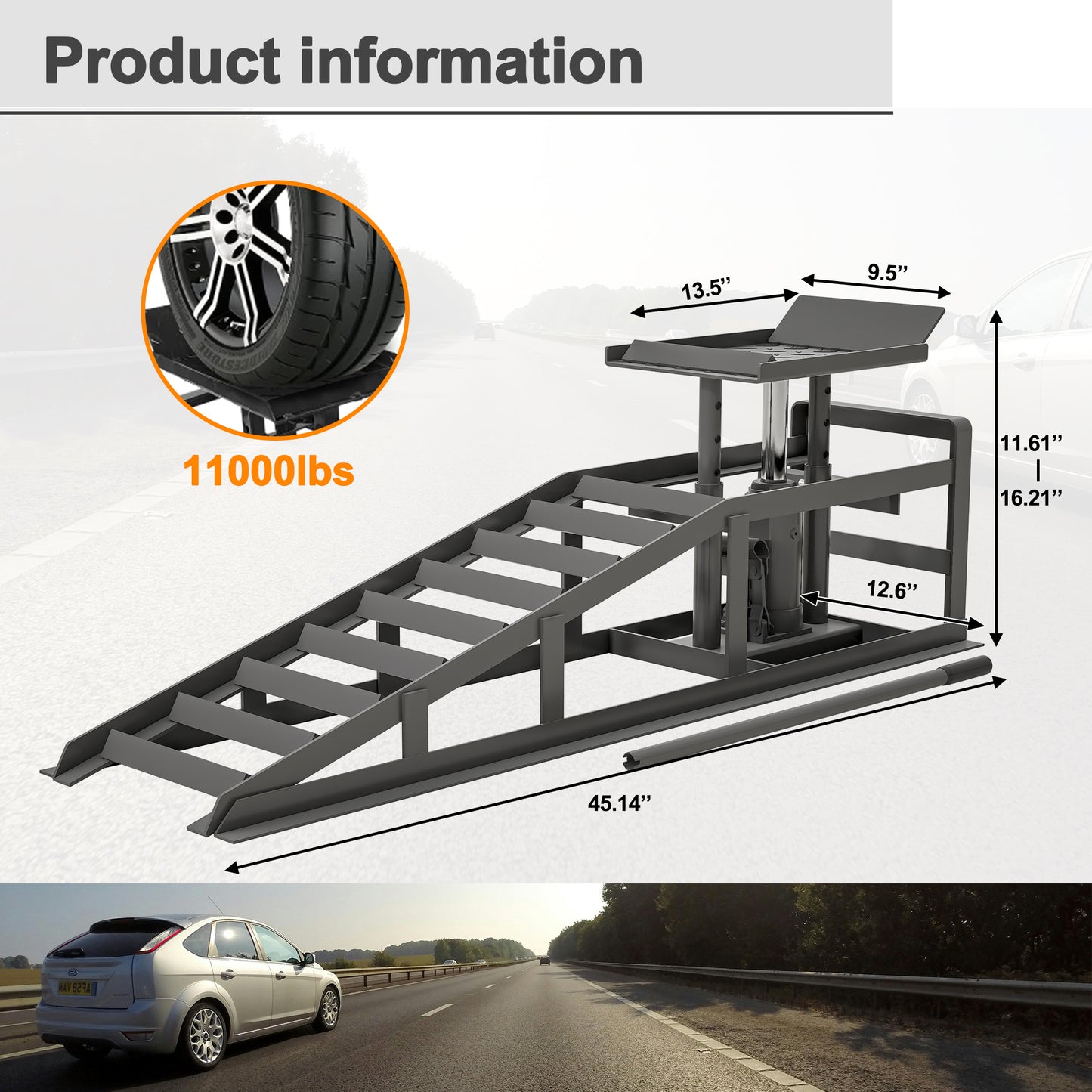 Heavyduty lb steel car ramp with integrated jack for vehicle maintenance and repair