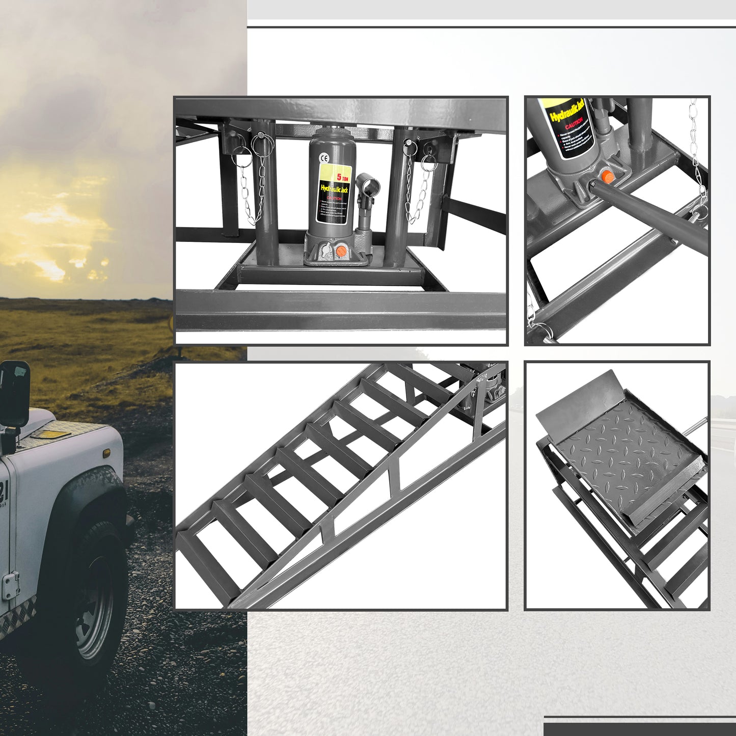 Heavyduty ton hydraulic jack integrated into a vehicle ramp system for easy lifting