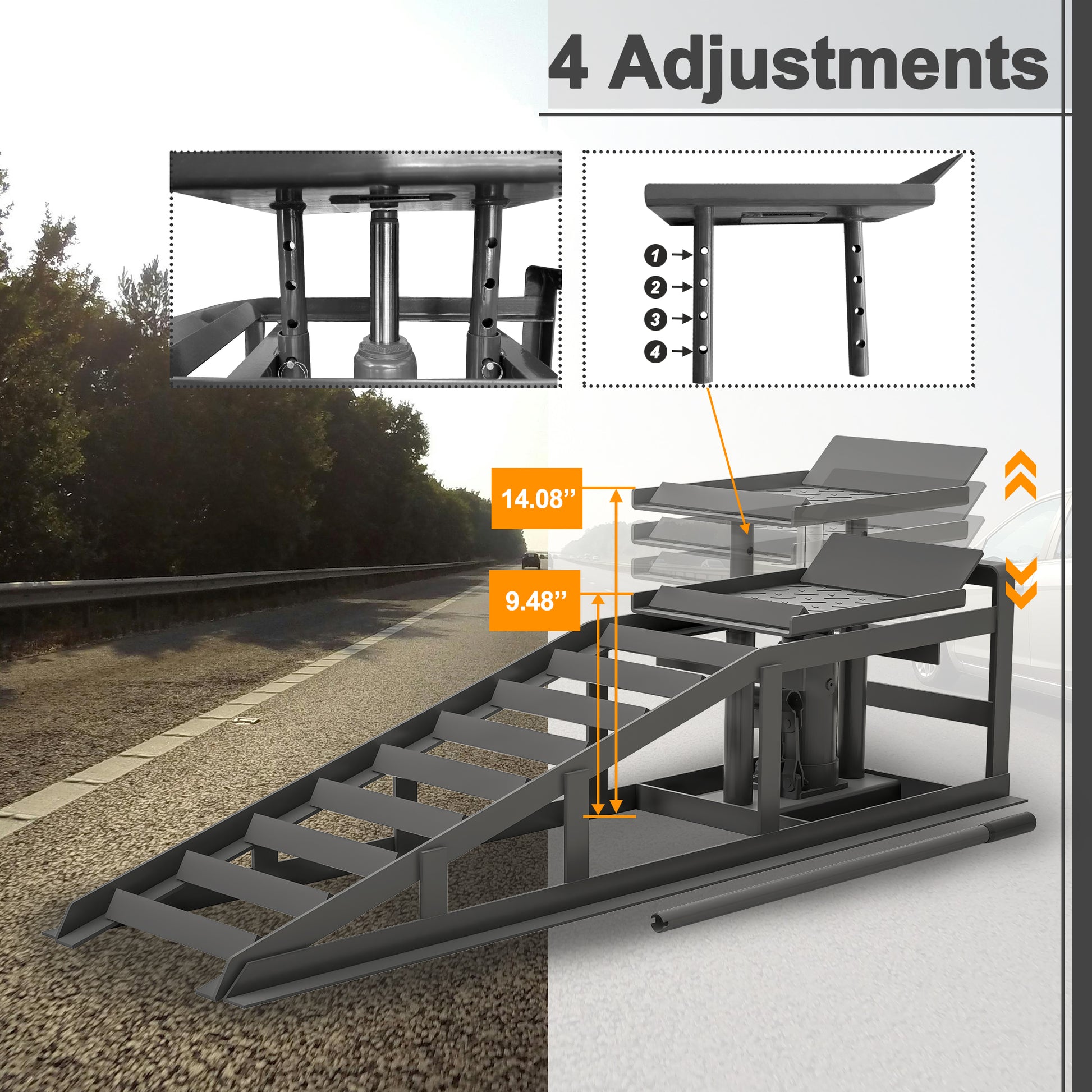 Adjustable hydraulic car ramp with  height settings steel construction