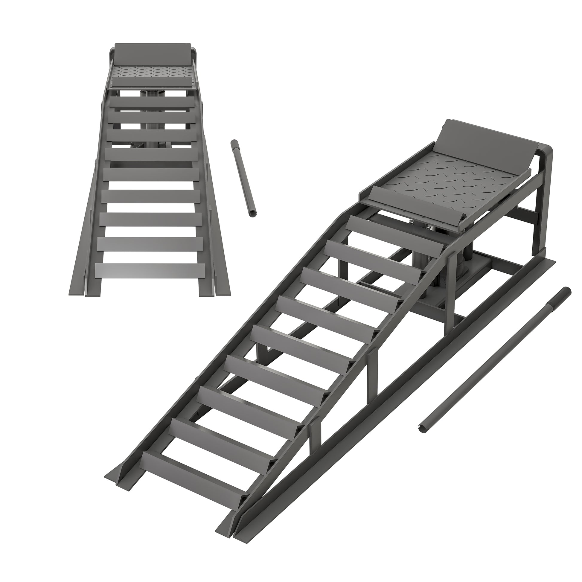 Gray metal auto ramp with textured platform and treaded steps
