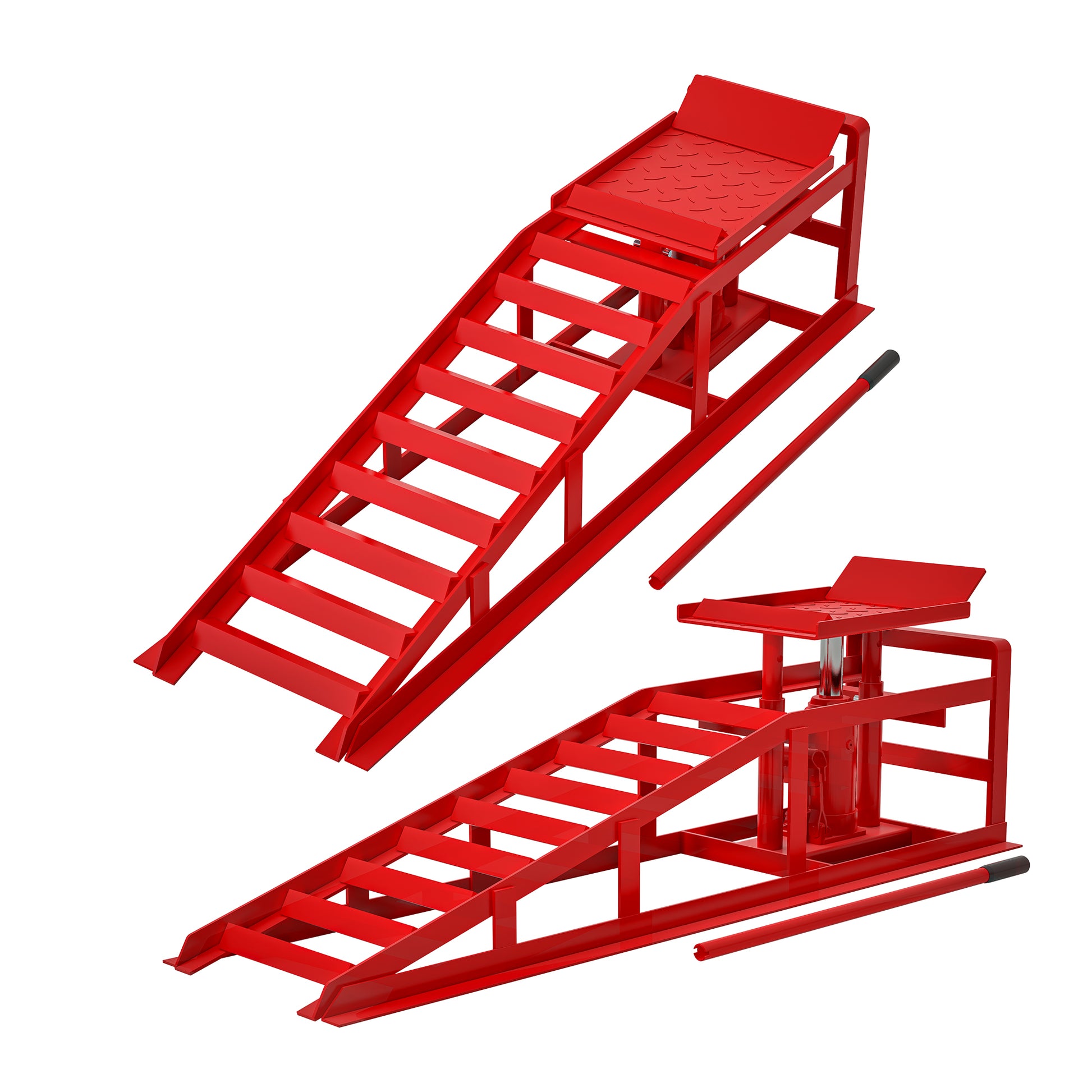 Red metal car ramp set with hydraulic lift for auto maintenance tasks