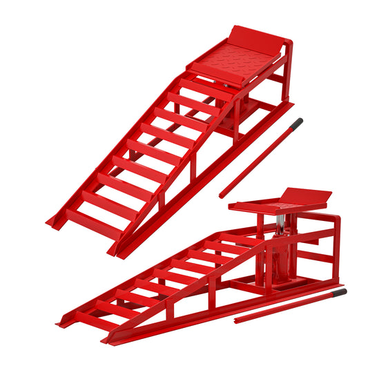 Red metal car ramp set with hydraulic lift for auto maintenance tasks