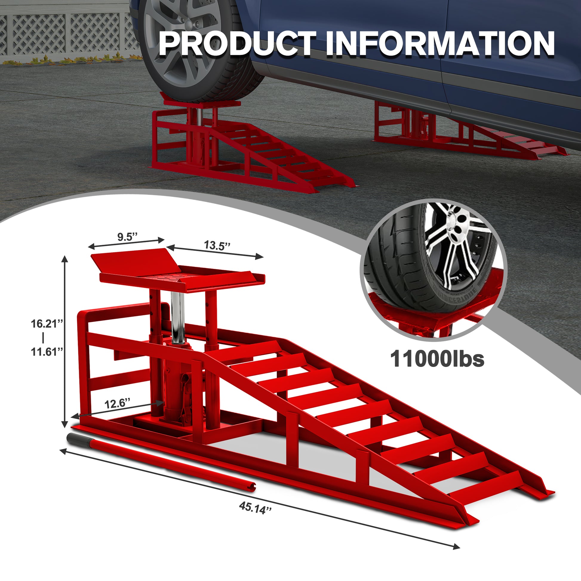 Red hydraulic car ramp with a  lbs capacity and detailed dimensions for automotive lifting