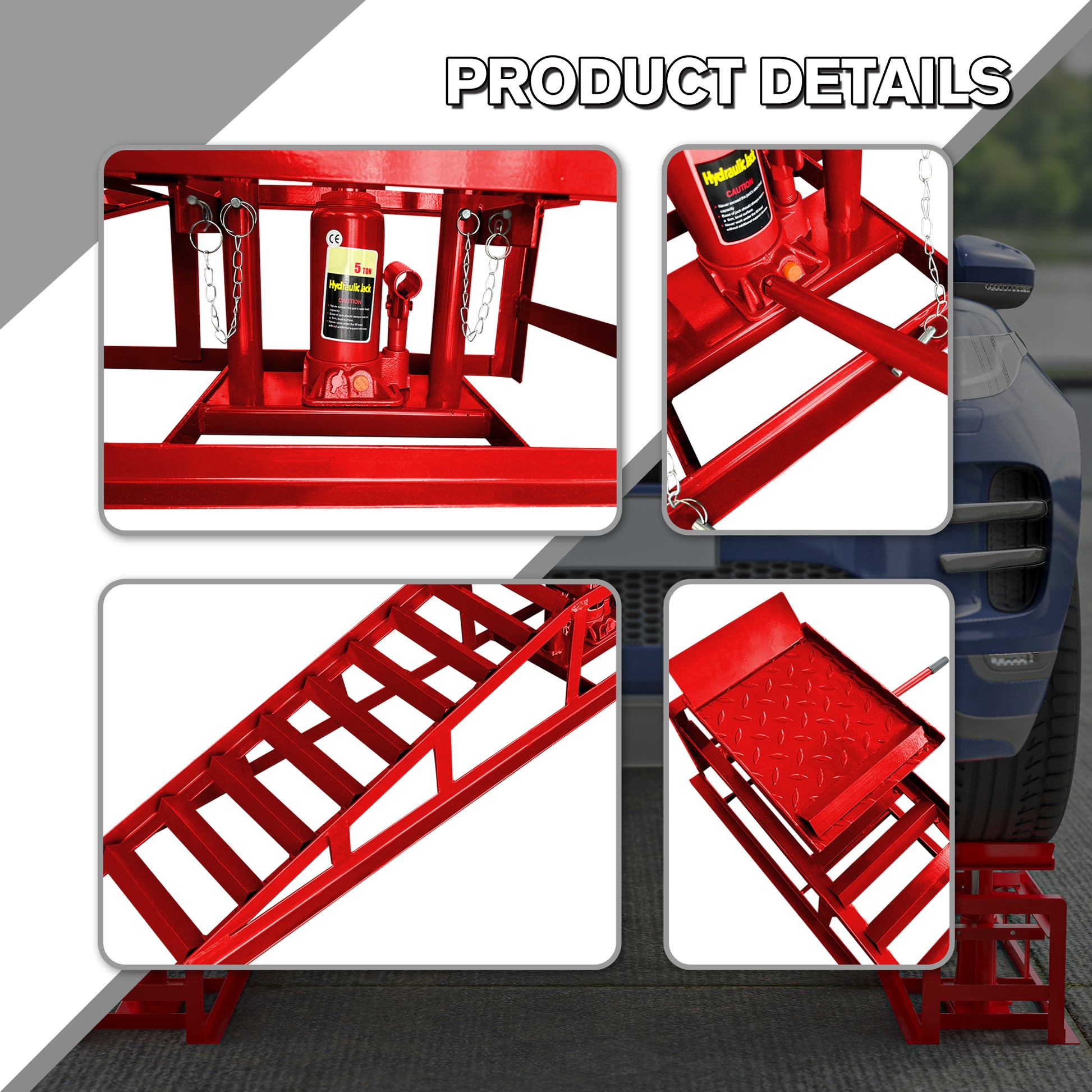 Red ton hydraulic jack integrated into sturdy vehicle ramps for easy lifting