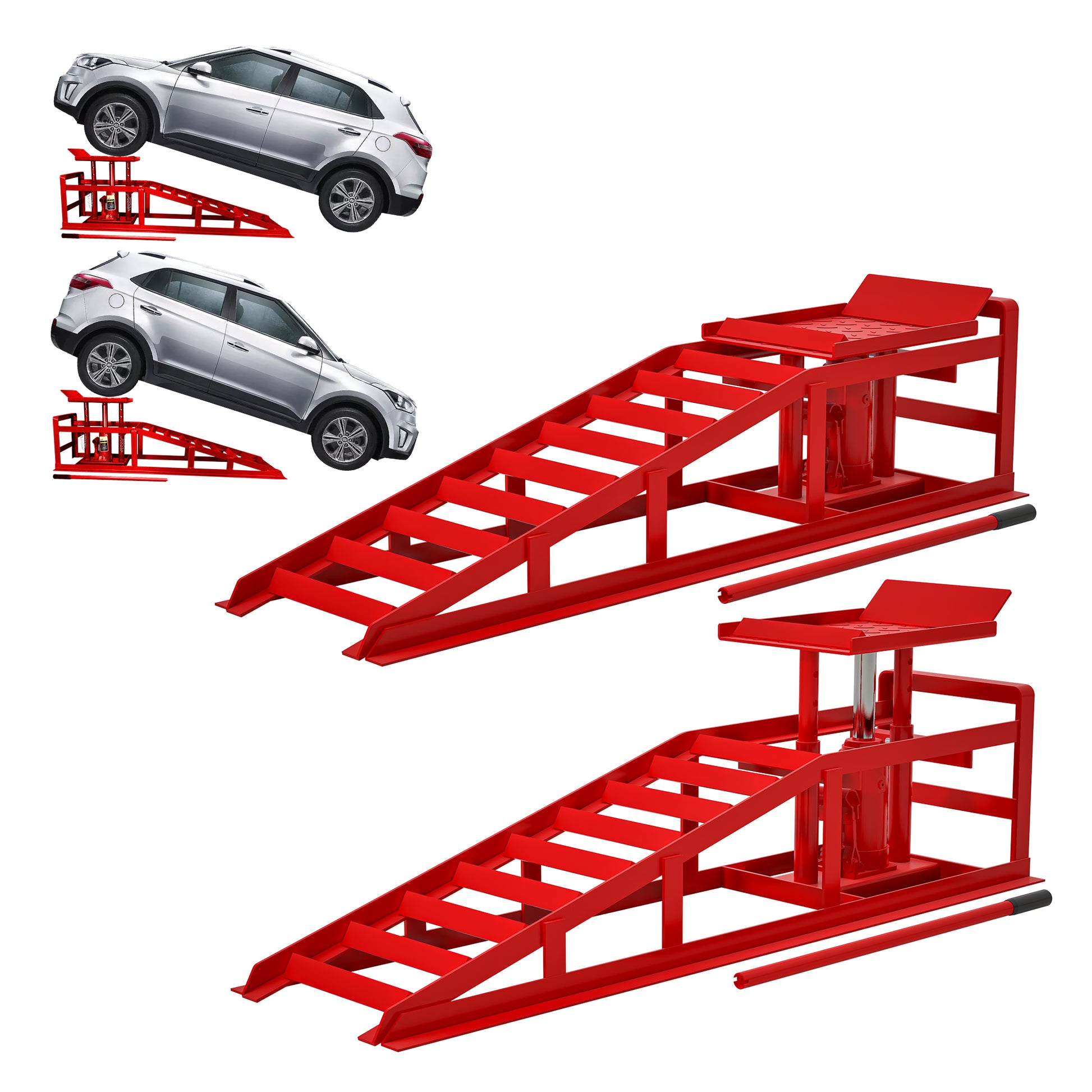 Red hydraulic car jack ramps for lifting vehicles steel construction