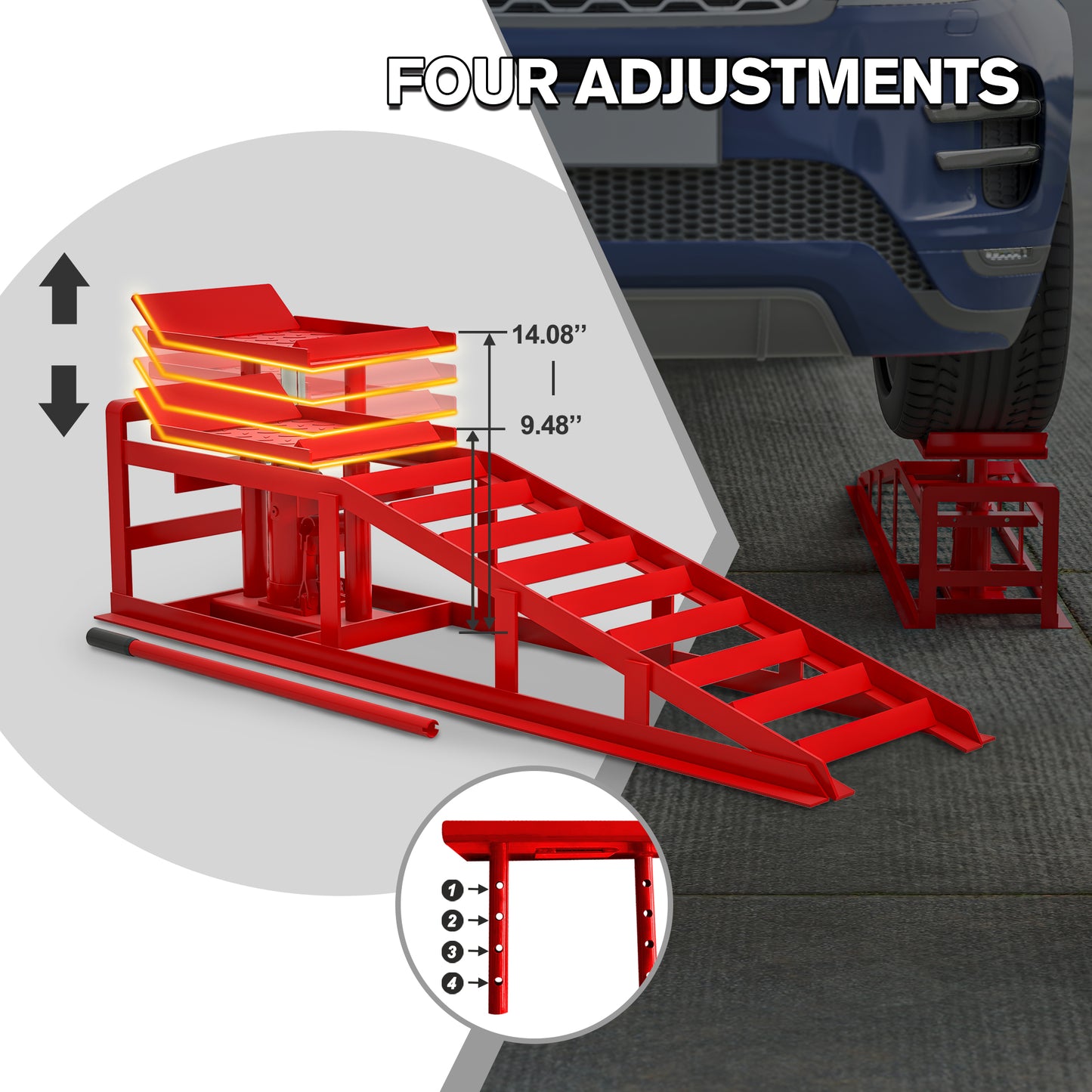 Red heavyduty car ramps with adjustable height for lifting vehicles for maintenance