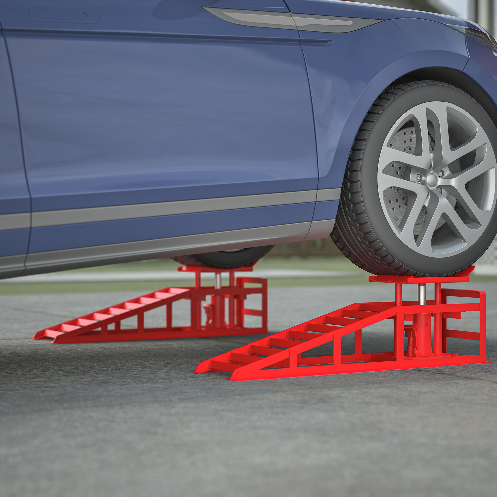 Heavyduty red steel auto ramps lifting a blue car for maintenance