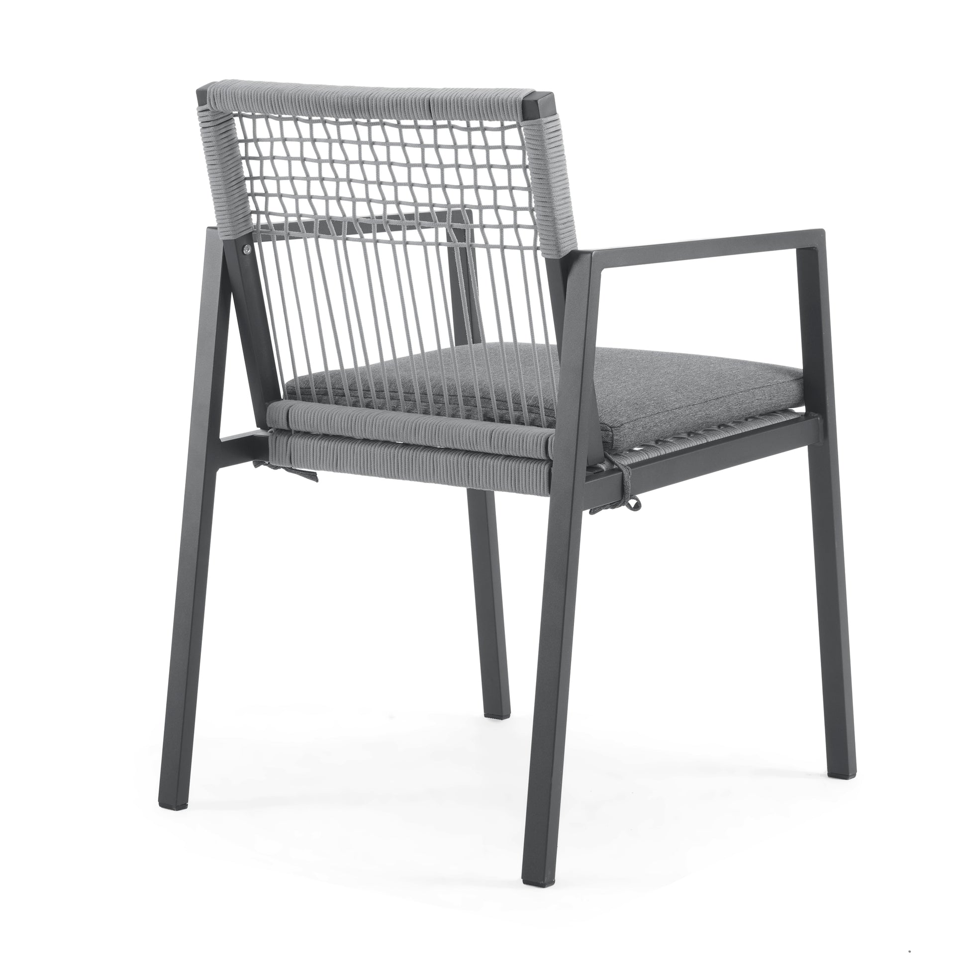Gray woven patio chair with metal frame and upholstered seat