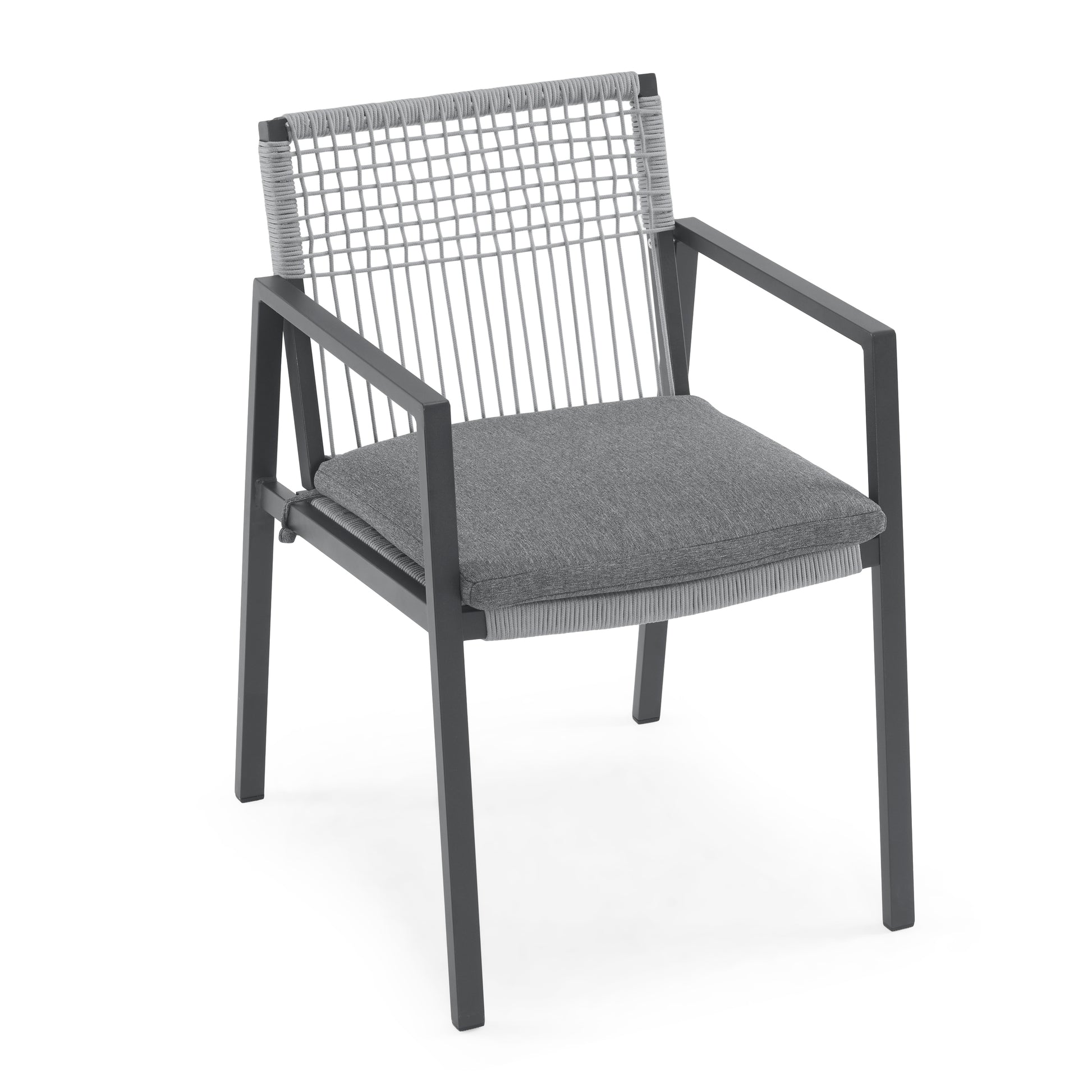 Modern grey rope dining chair with dark metal frame and comfortable cushion for outdoor patios