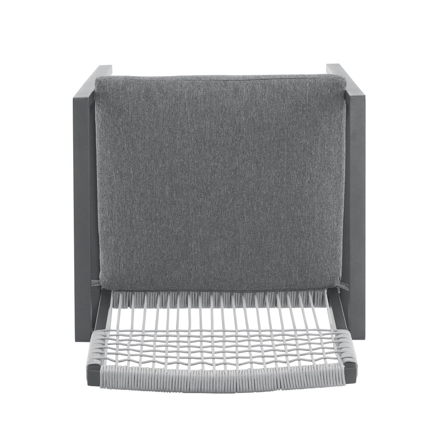 Gray upholstered chair with a woven rope seat perfect for modern outdoor spaces