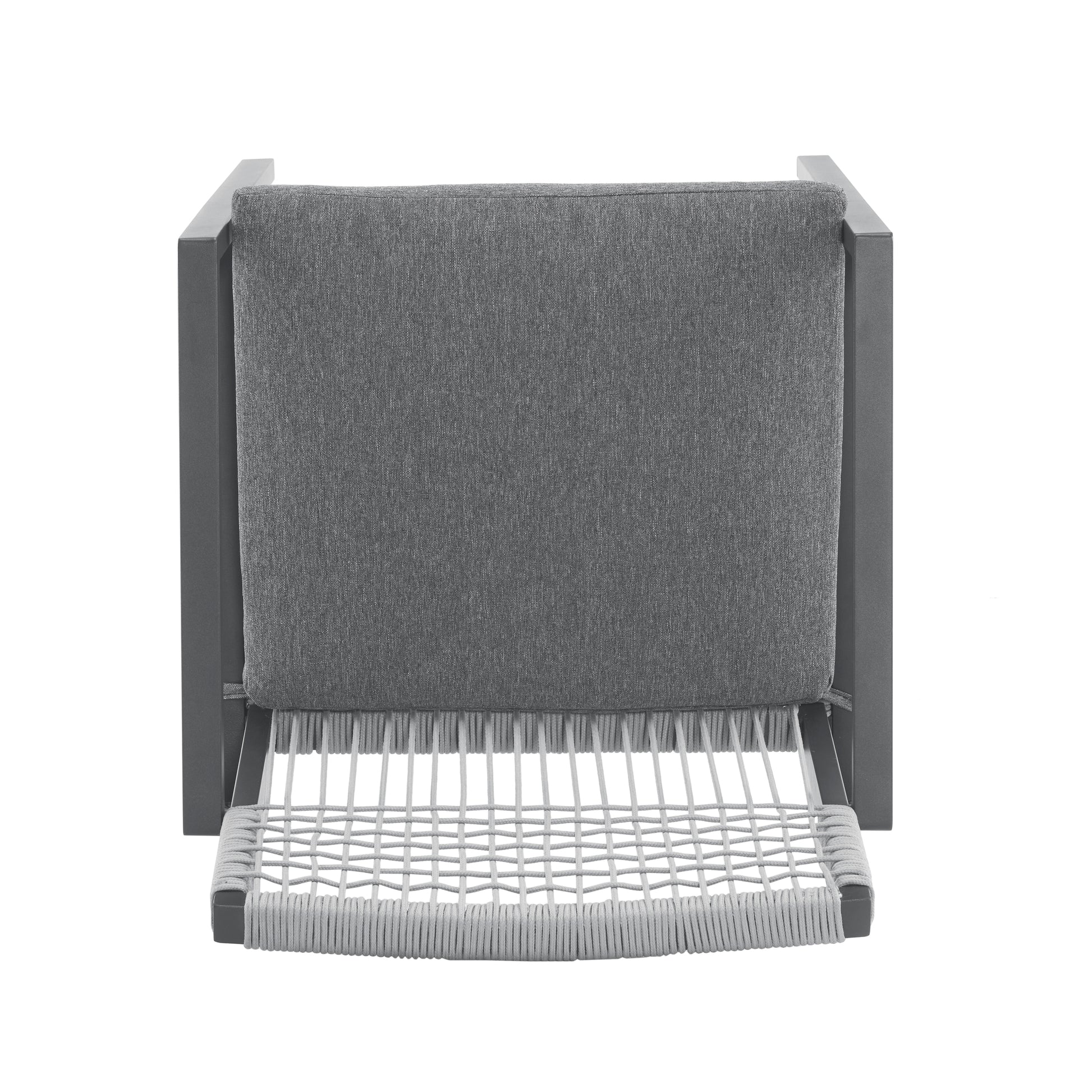 Gray upholstered chair with a woven rope seat perfect for modern outdoor spaces
