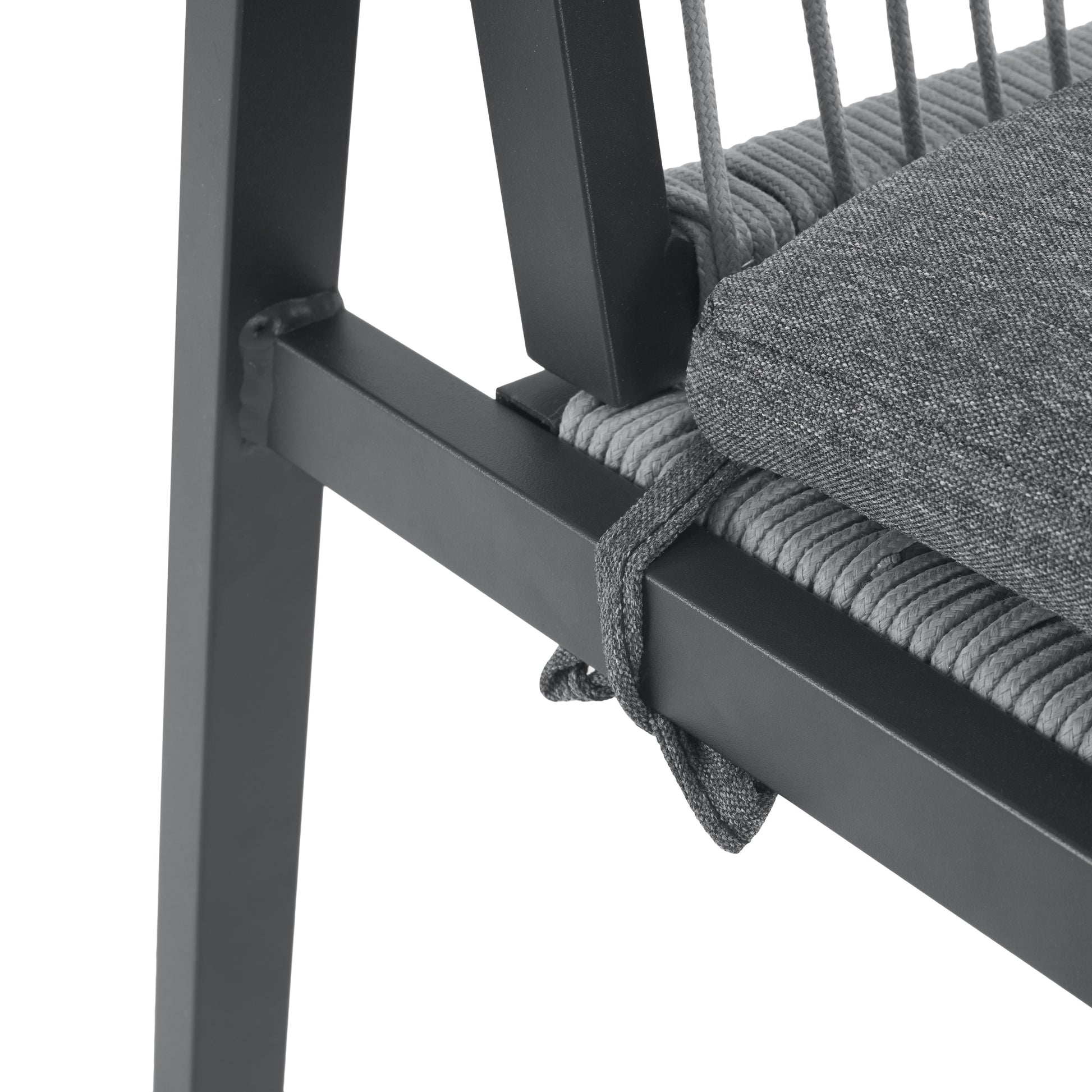 Dark gray metal frame chair leg with woven rope seat detail ideal for outdoor patio use
