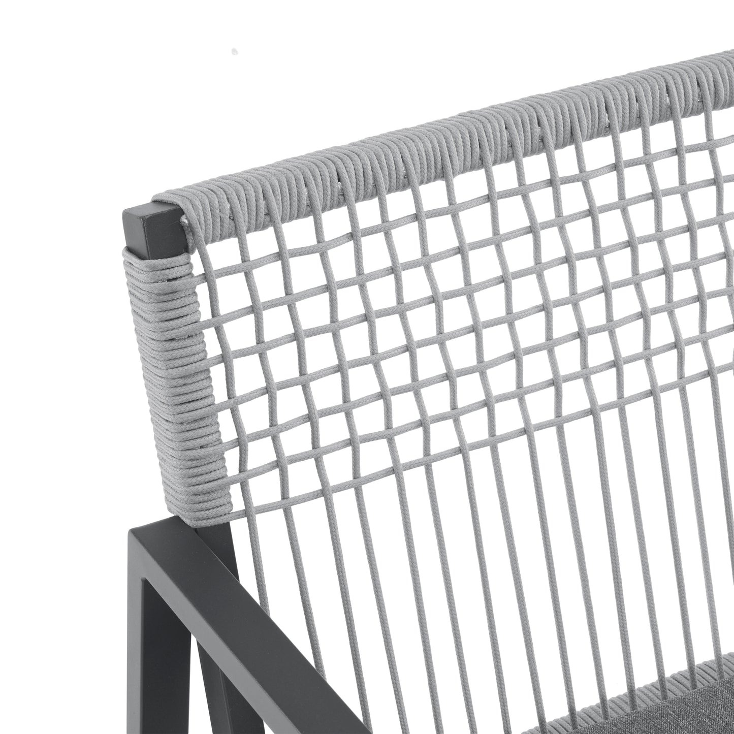 Closeup of a gray ropeback dining chair with a modern minimalist design