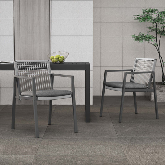 Gray aluminum patio chair with white rope back and gray cushion