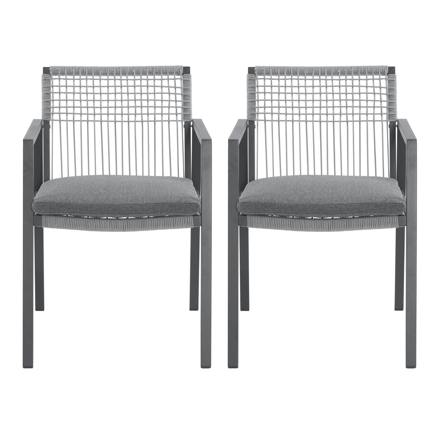 Pair of gray woven rope outdoor dining chairs with charcoal cushions