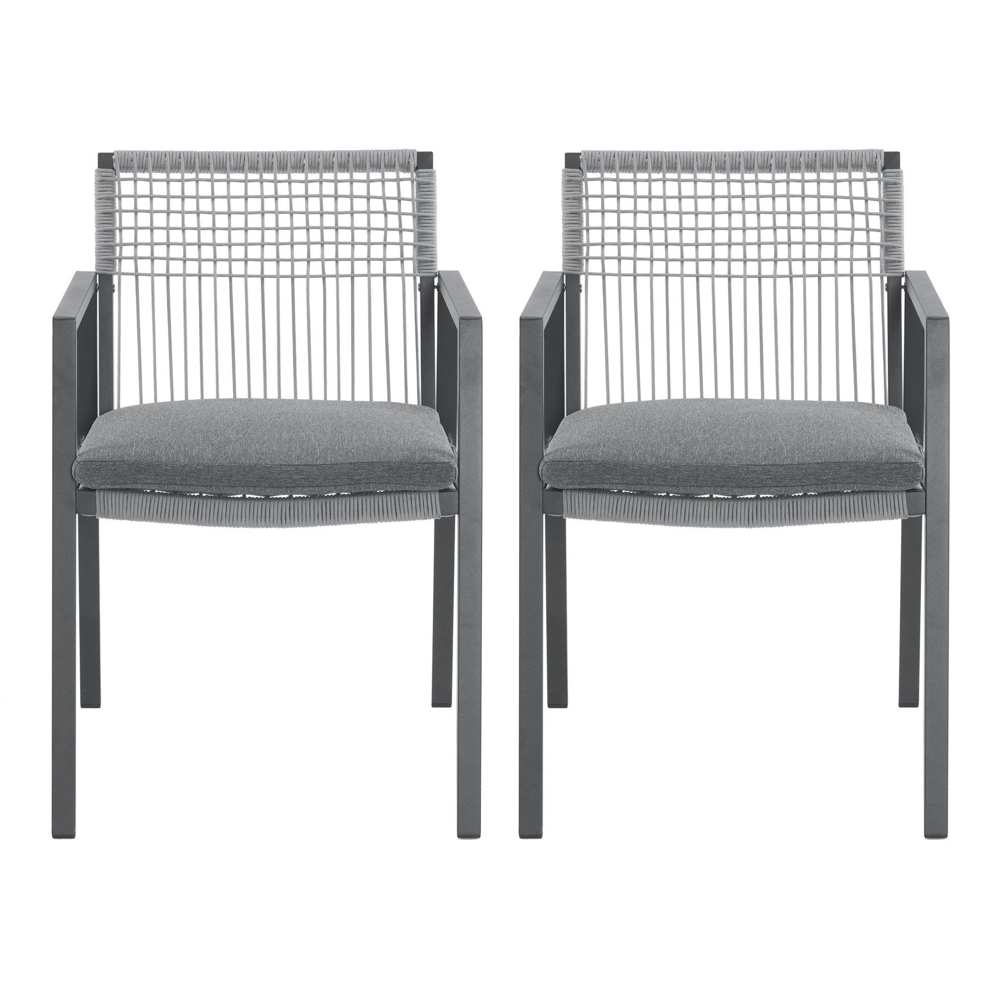 Pair of gray woven rope outdoor dining chairs with charcoal cushions
