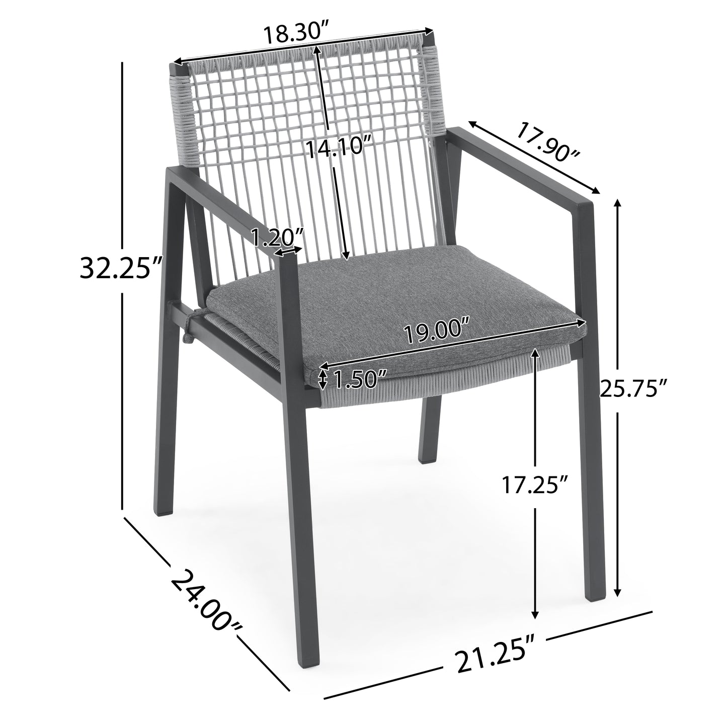 Gray wicker outdoor chair with dark gray metal frame and seat cushion
