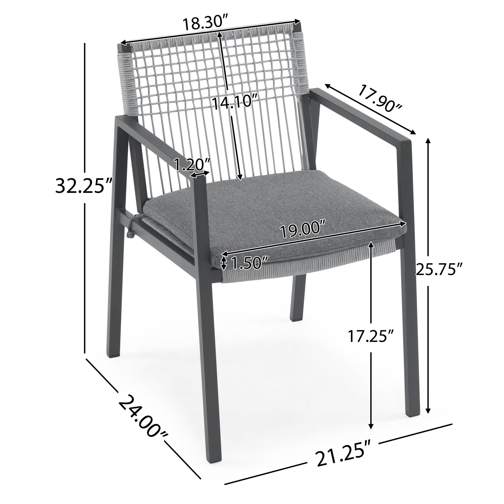 Gray wicker outdoor chair with dark gray metal frame and seat cushion