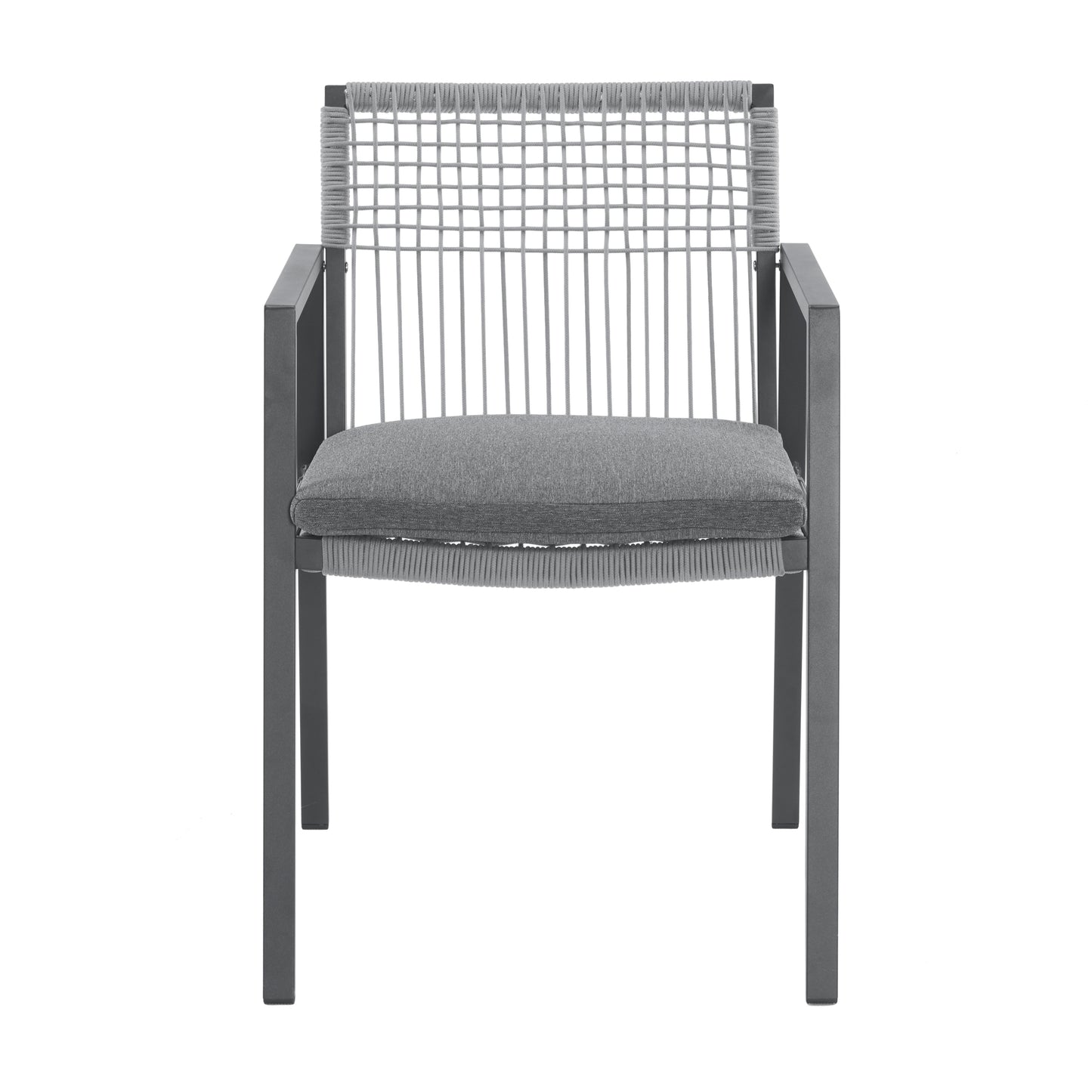 Gray woven outdoor chair with charcoal metal frame and comfortable seat cushion