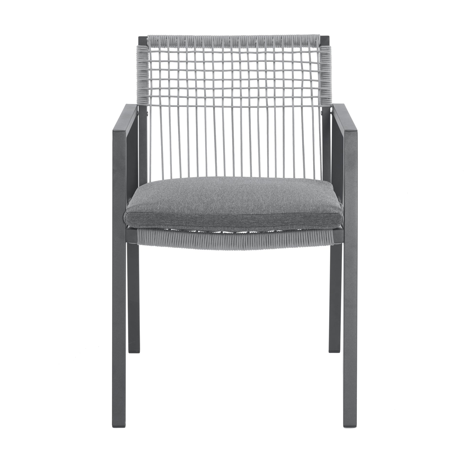 Gray woven outdoor chair with charcoal metal frame and comfortable seat cushion