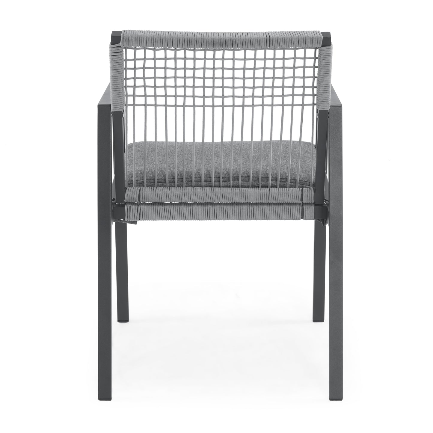 Gray outdoor chair with woven rope back and charcoal metal frame
