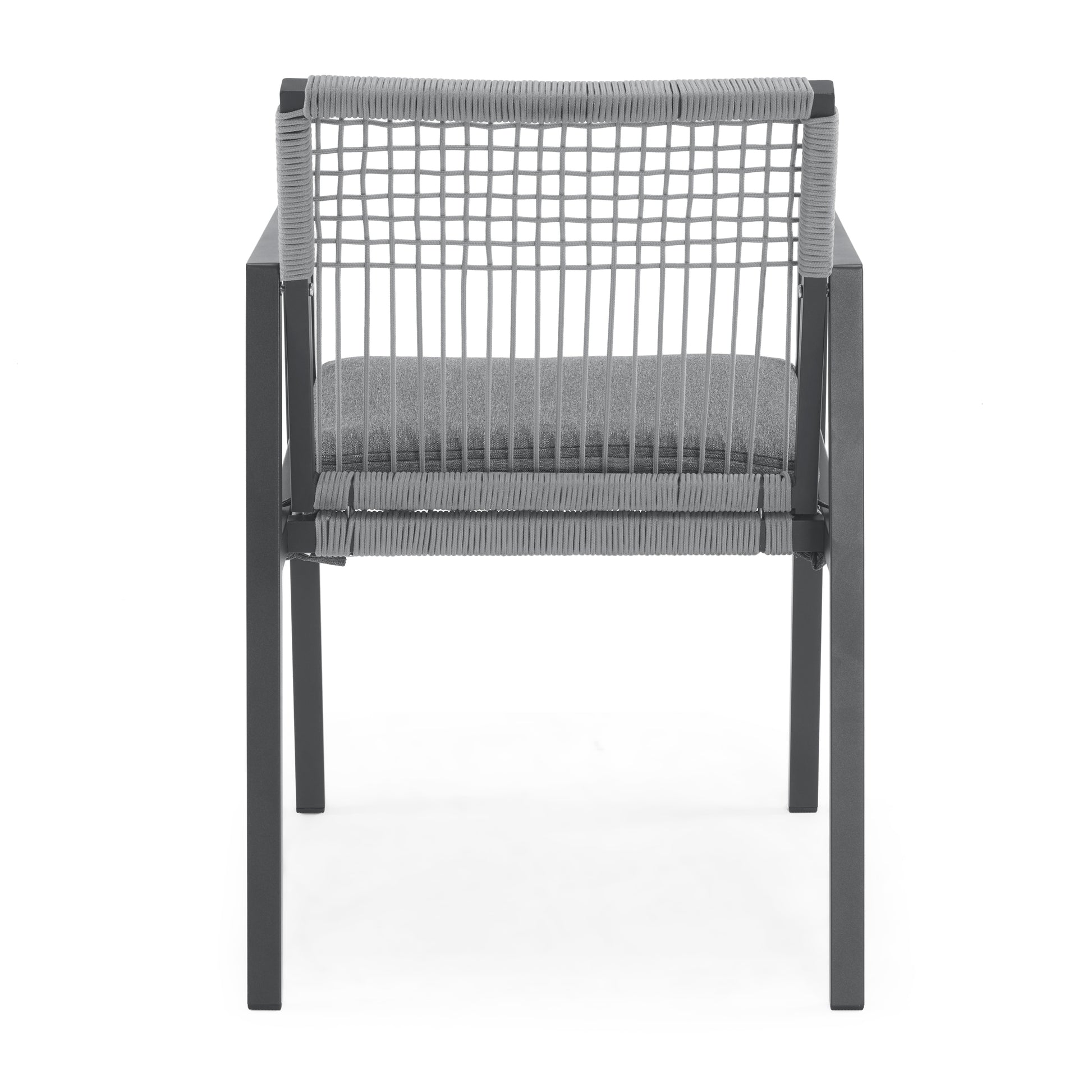 Gray outdoor chair with woven rope back and charcoal metal frame
