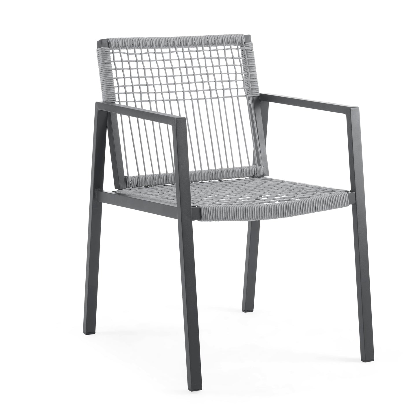 Modern outdoor chair with dark grey metal frame and grey rope seating for durable patio furniture