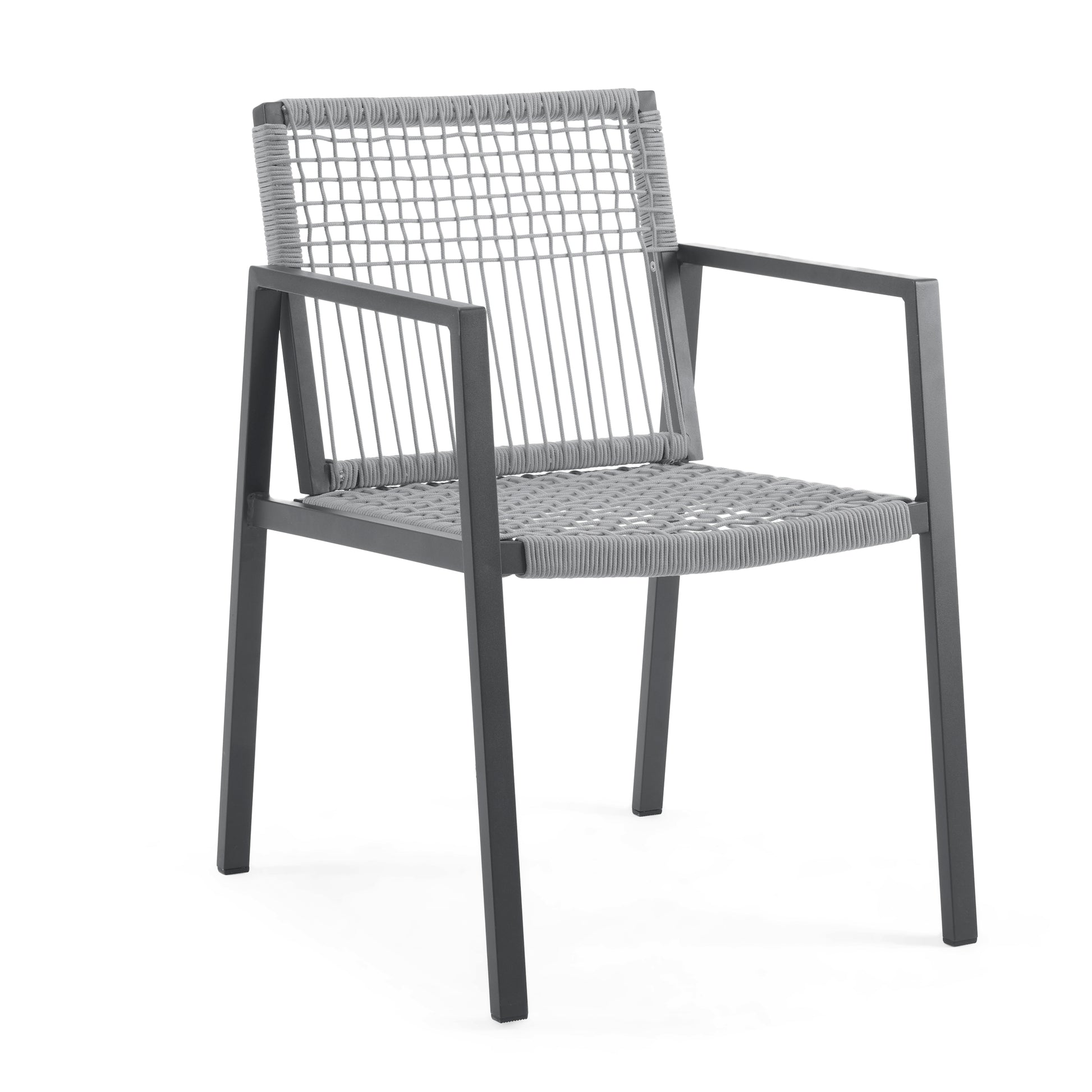 Modern outdoor chair with dark grey metal frame and grey rope seating for durable patio furniture