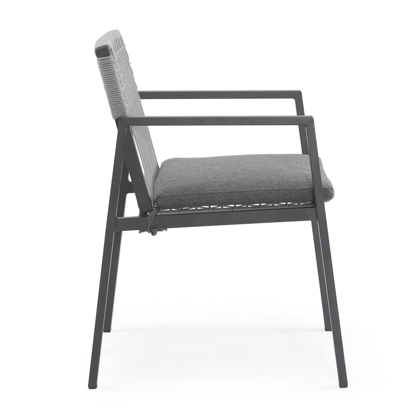 Modern grey outdoor chair with woven back and plush cushion