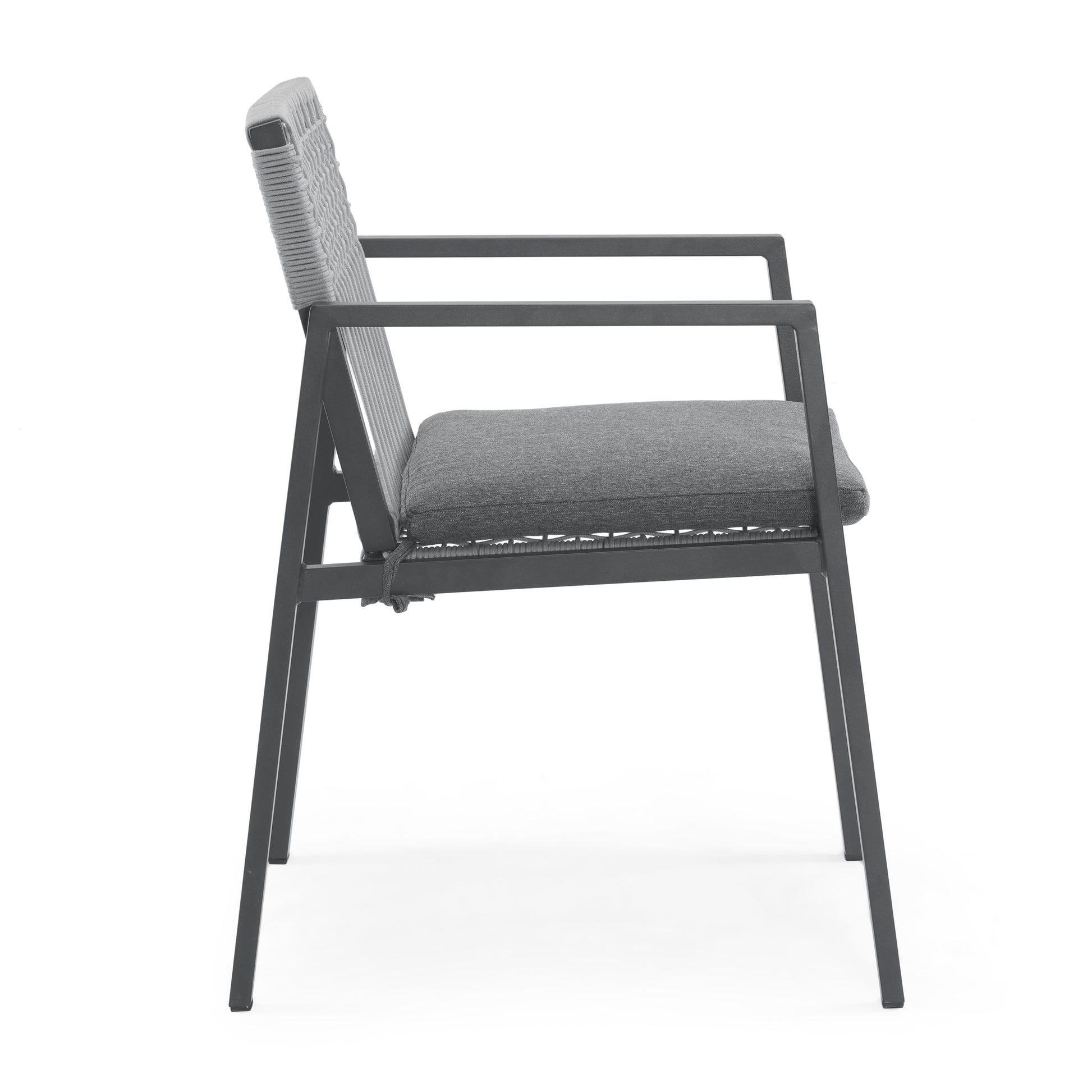 Modern grey outdoor chair with woven back and plush cushion