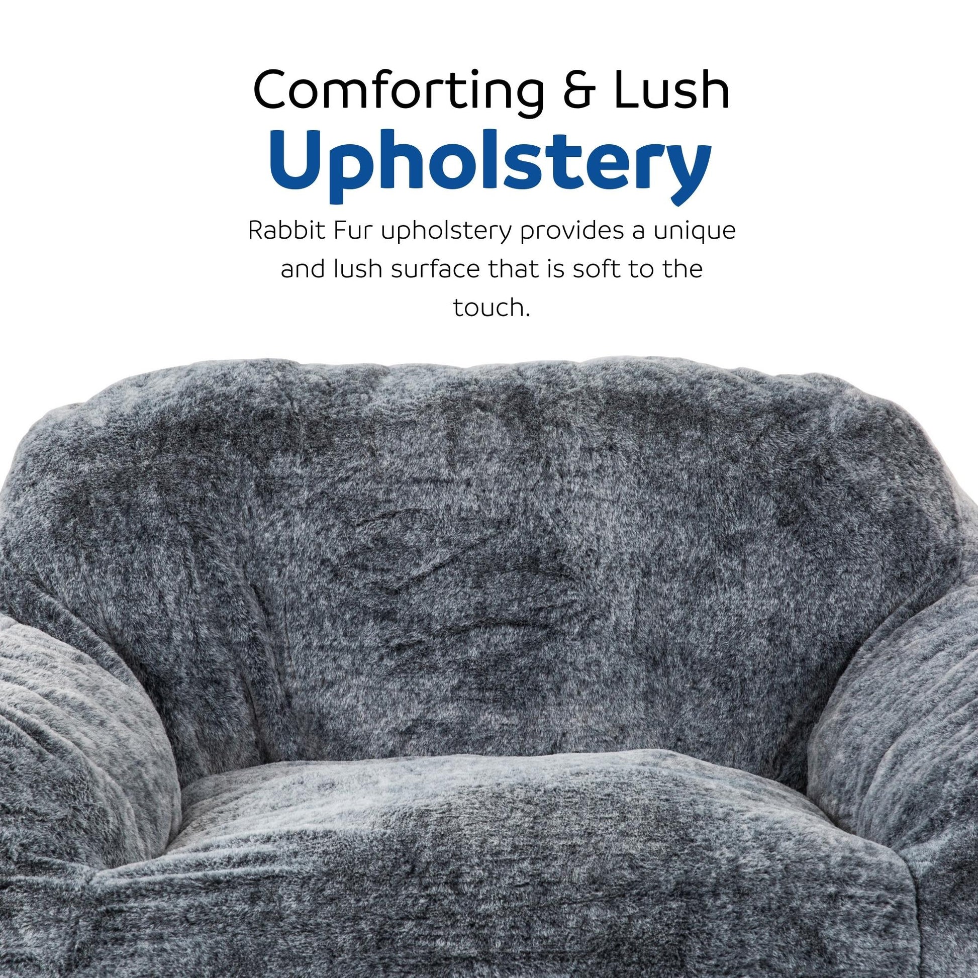 Closeup of plush grey rabbit fur upholstery on a comfortable armchair
