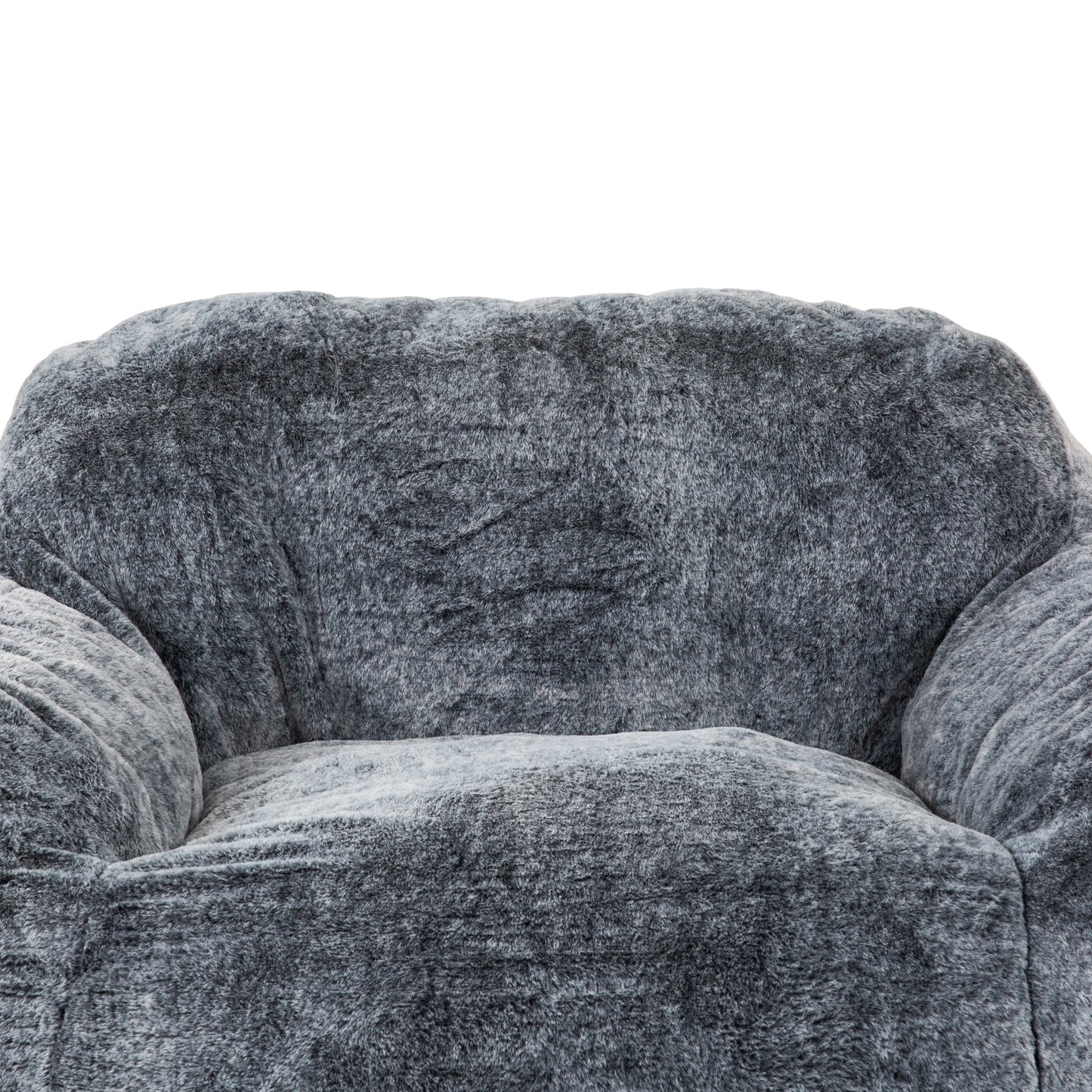 Plush grey bean bag chair with soft shaggy faux fur upholstery for ultimate comfort