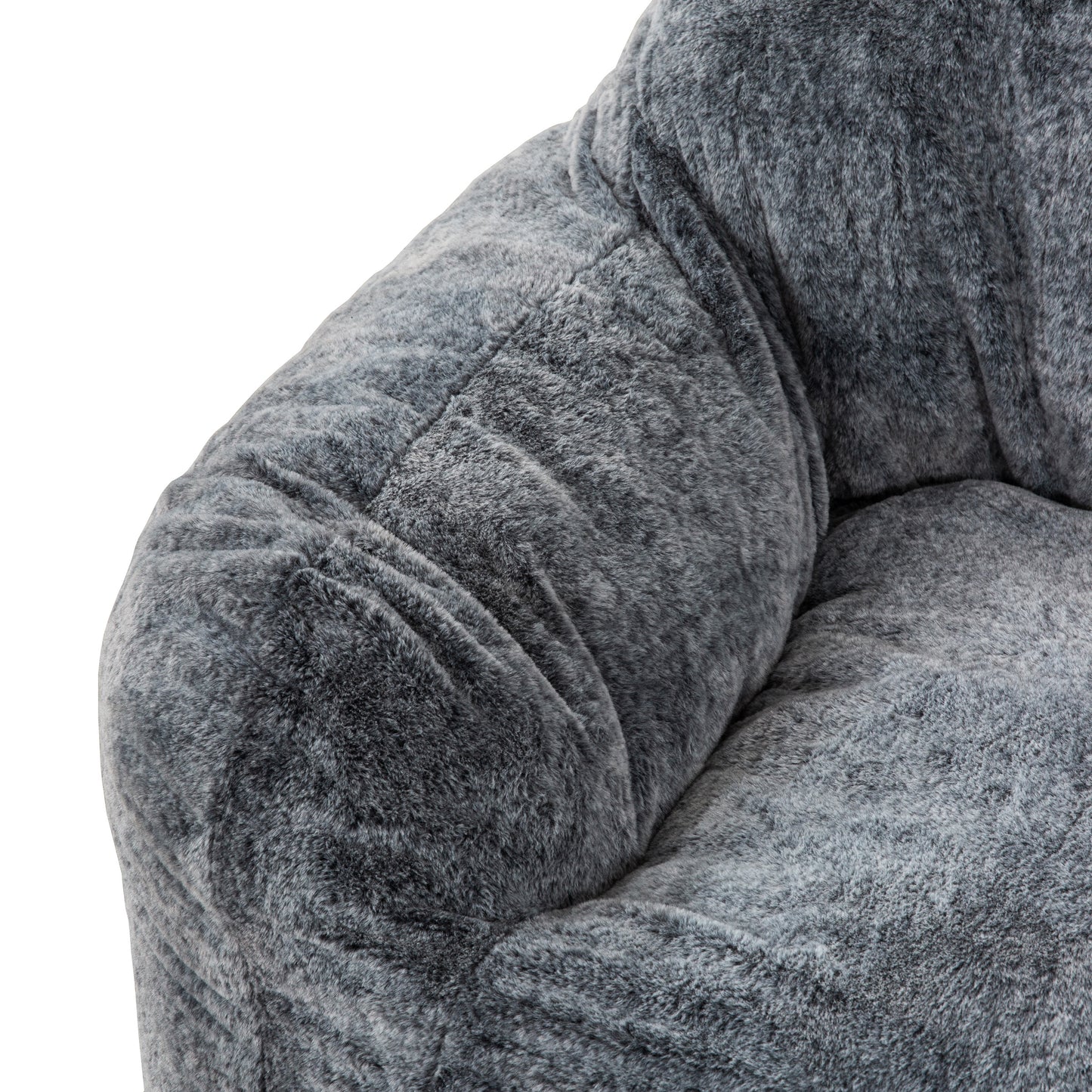 Plush grey faux fur bean bag chair showing textured soft material for ultimate comfort