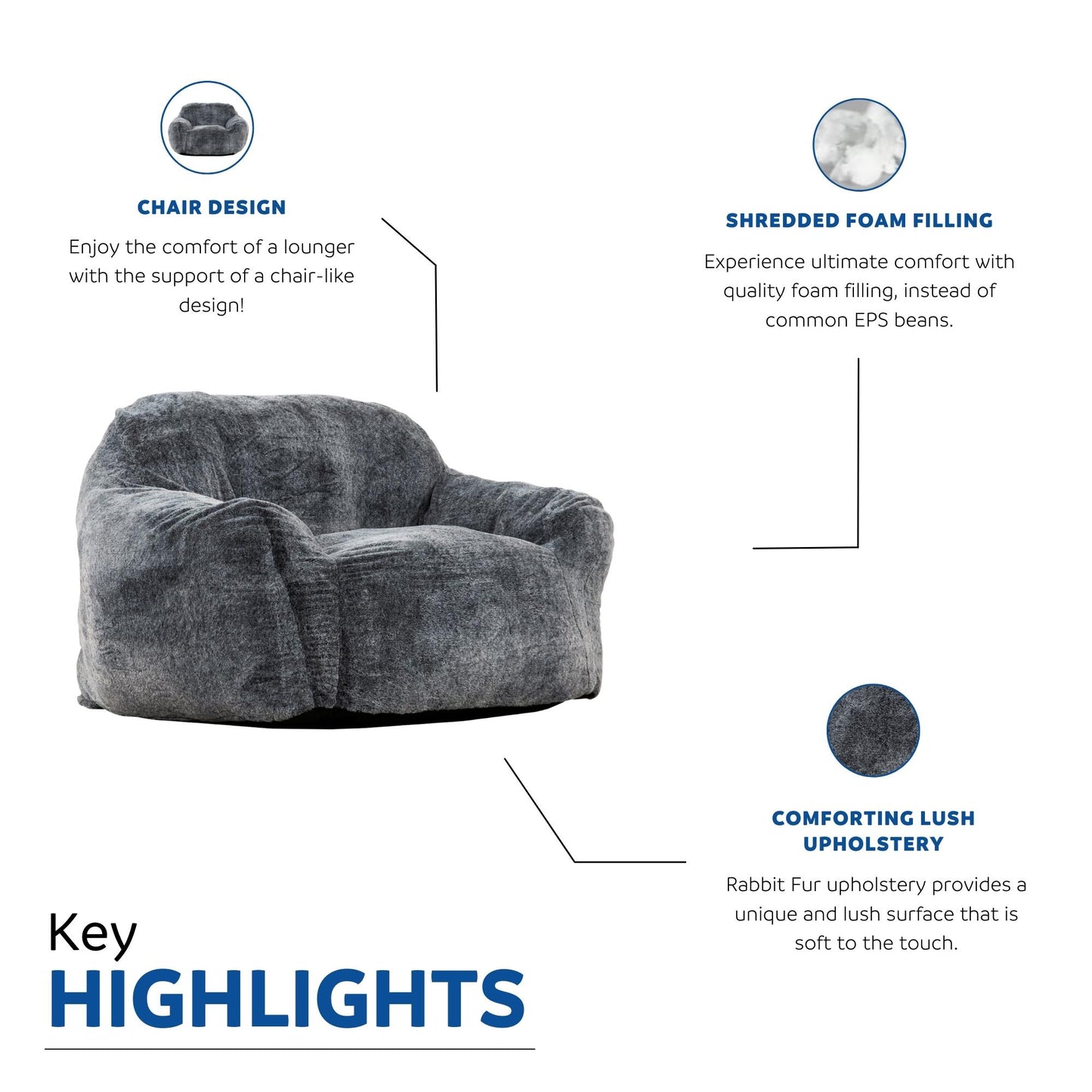Dark grey plush bean bag chair with chairlike armrests for ultimate comfort