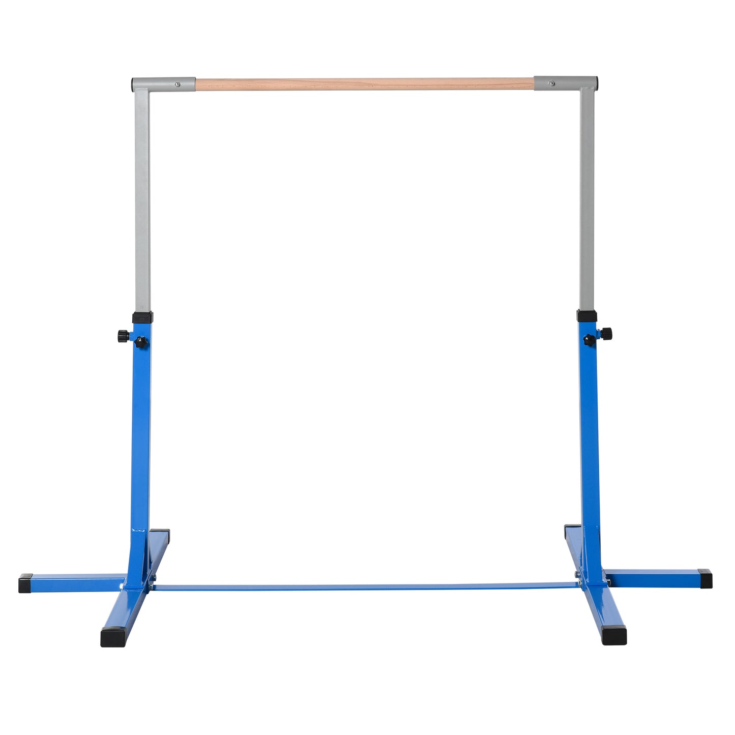 Adjustable blue horizontal bar with natural wood dowel and silver frame for gymnastics training